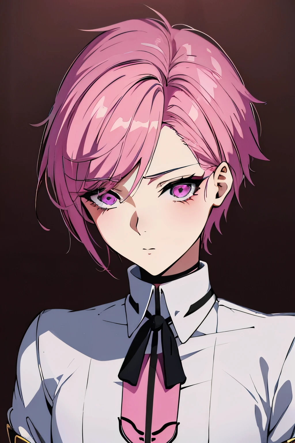 there is a cartoon picture of feminine boy with short pink hair, an anime drawing by Ei-Q, pixiv contest winner, gothic art, anime moe artstyle, 1 7 - year - old anime, anime style portrait, in an anime style, demon femboy, flat anime style, cute, crossdresser in school girl uniform