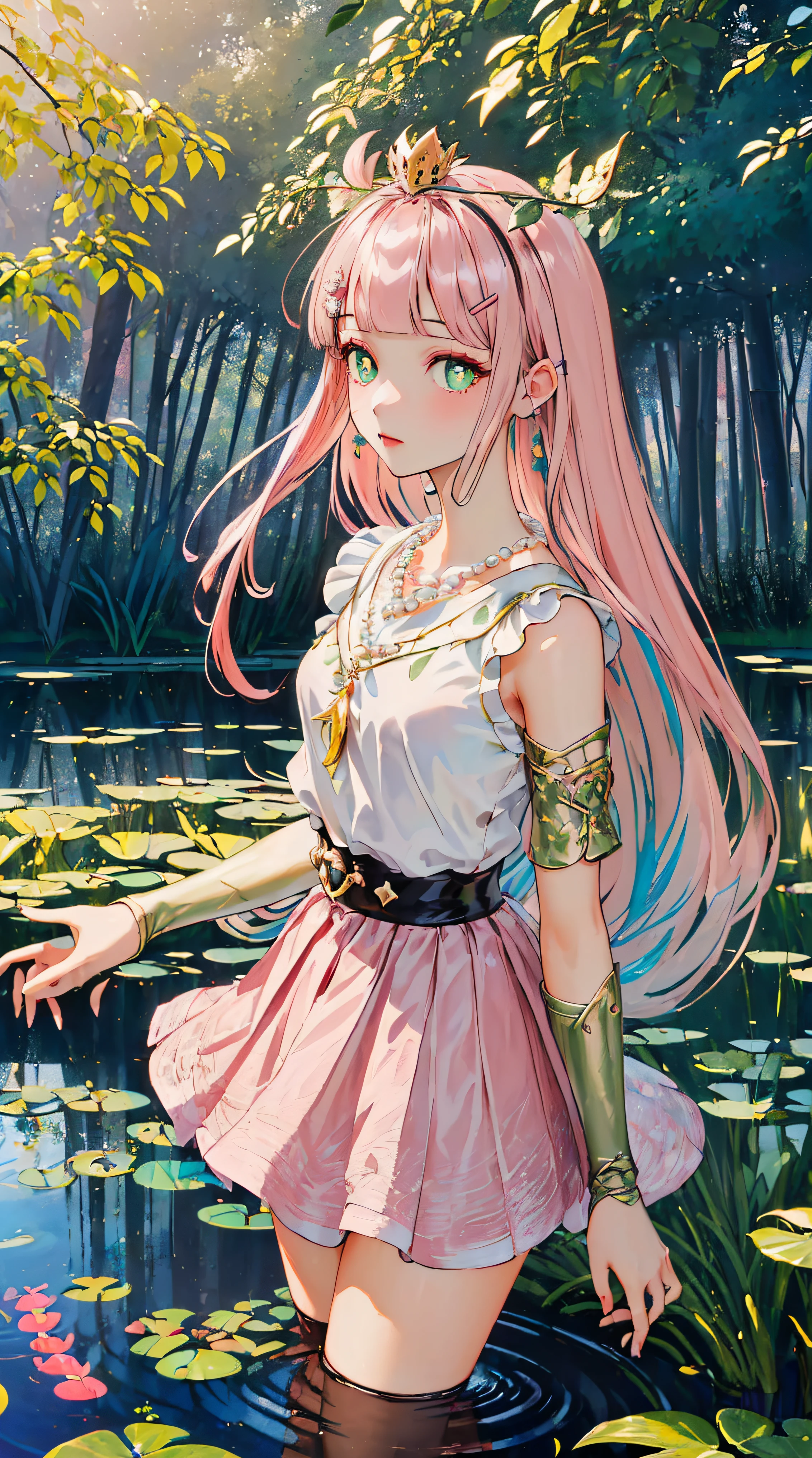 (((((Pearl pink hair,yellow choker,leaf crown,green pupills))))),((((((En plein air,beautiful pond scenery, Mottled sunlight,)))))(((red bridal gloves,short red dress,Sleeveless douche))), (Geometric:1.1), ((mature,Amazing Cleavage,cute female child，Alone，cow boy shot,))(tmasterpiece,Best quality at best, offcial art, Beautiful big breasts and big breasts aesthetic:1.2),(16k),((little breast)),(God illuminateocus sharp, (((highdetailskin,))),Costume details are intricate，Delicate pupils,((((long whitr hair|Detailed pubic hair头发||bluntbangs|side locks)))),Elongated,(tmasterpiece侧光),(The sheen),(beautiful hairl,漂亮的The eye,）((Incredibly ridiculous quality,blur backgroun,bokeh:60mm)),((exceedingly_Detailed pubic hair_The eye_big breasts and big breasts_the face)),Movie Girl,(dynamicposes:1.2),outstanding,lisses, ((hair pin)),Ultra-accurate depiction, 超Detailed pubic hair描绘,