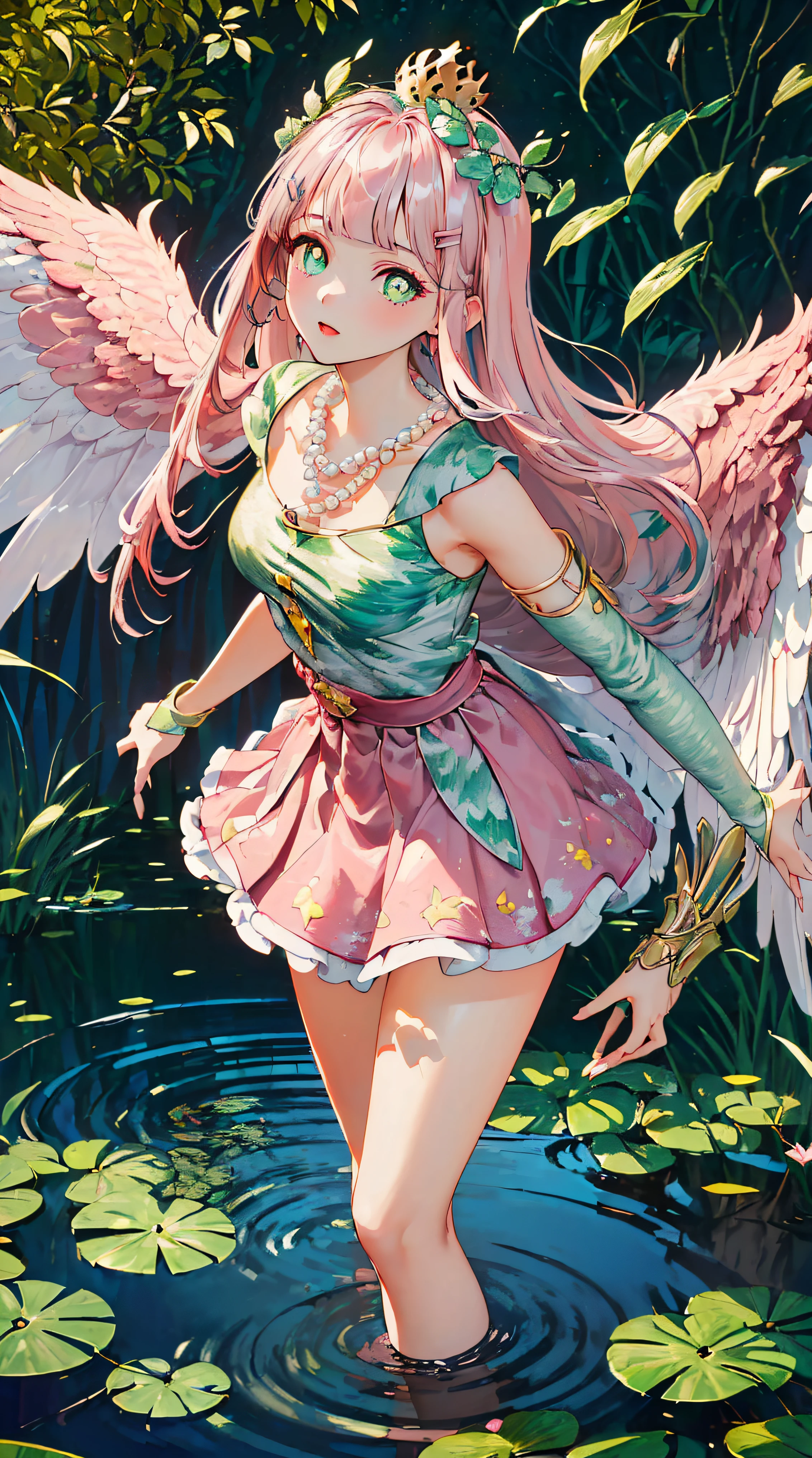 (((((Pearl pink hair,yellow choker,leaf crown,green pupills))))),((((((En plein air,beautiful pond scenery, Mottled sunlight,)))))(((red bridal gloves,short red dress,Sleeveless douche))), (Geometric:1.1), ((mature,Amazing Cleavage,cute female ，Alone，cow boy shot,))(tmasterpiece,Best quality at best, offcial art, Beautiful big breasts and big breasts aesthetic:1.2),(16k),((little breast)),(God illuminateocus sharp, (((highdetailskin,))),Costume details are intricate，Delicate pupils,((((long whitr hair|Detailed pubic hair头发||bluntbangs|side locks)))),Elongated,(tmasterpiece侧光),(The sheen),(beautiful hairl,漂亮的The eye,）((Incredibly ridiculous quality,blur backgroun,bokeh:60mm)),((exceedingly_Detailed pubic hair_The eye_big breasts and big breasts_the face)),Movie Girl,(dynamicposes:1.2),outstanding,lisses, ((hair pin)),Ultra-accurate depiction, 超Detailed pubic hair描绘,