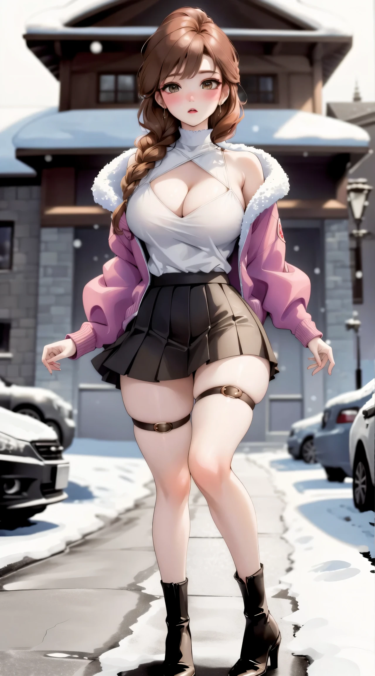 woman, ((Masterpiece, best quality)), full body view, sexy, bursting huge breasts, detailed skin, Anna from Frozen clothes, highly detailed, cinematic lighting, ultra realistic, blush, looking at viewer,  anna, anna from frozen, princess, disney, brown hair, long hair, portrait, outdoor, snow,  cleavage,  large breasts,  wide hips, full body view, tall, 
skirt, miniskirt, microskirt, pleated skirt, thighs,