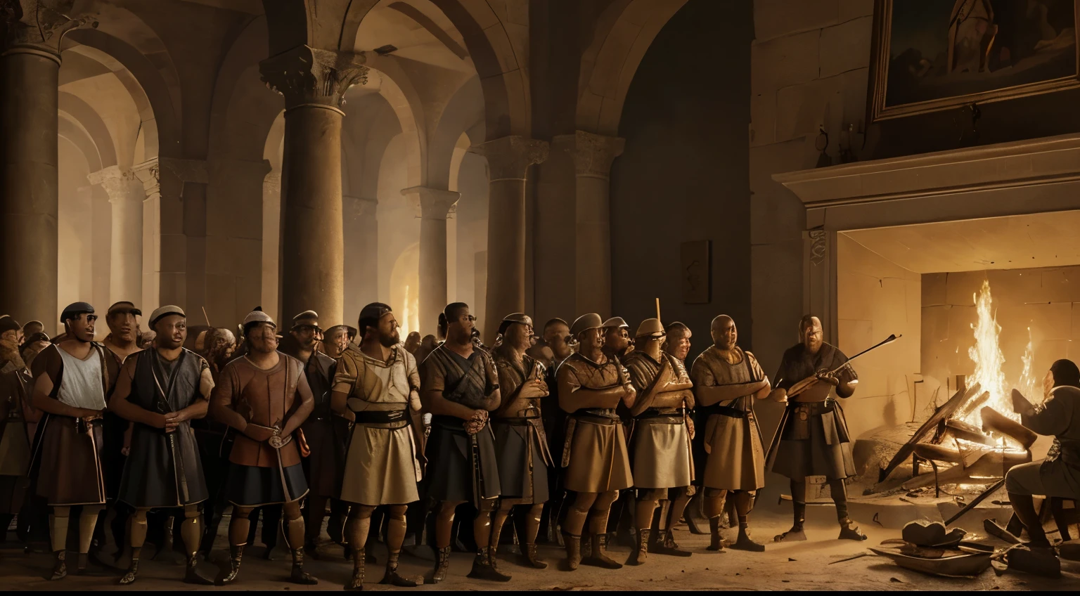 a painting of a group of men standing around a fire, painting of goliath, historical artistic depiction, by Carl Eytel, biblical painting, traditional art, colchians painting, by János Saxon-Szász, by Gilberto Soren Zaragoza, epic biblical depiction, artist unknown, by Eugenio de Arriba