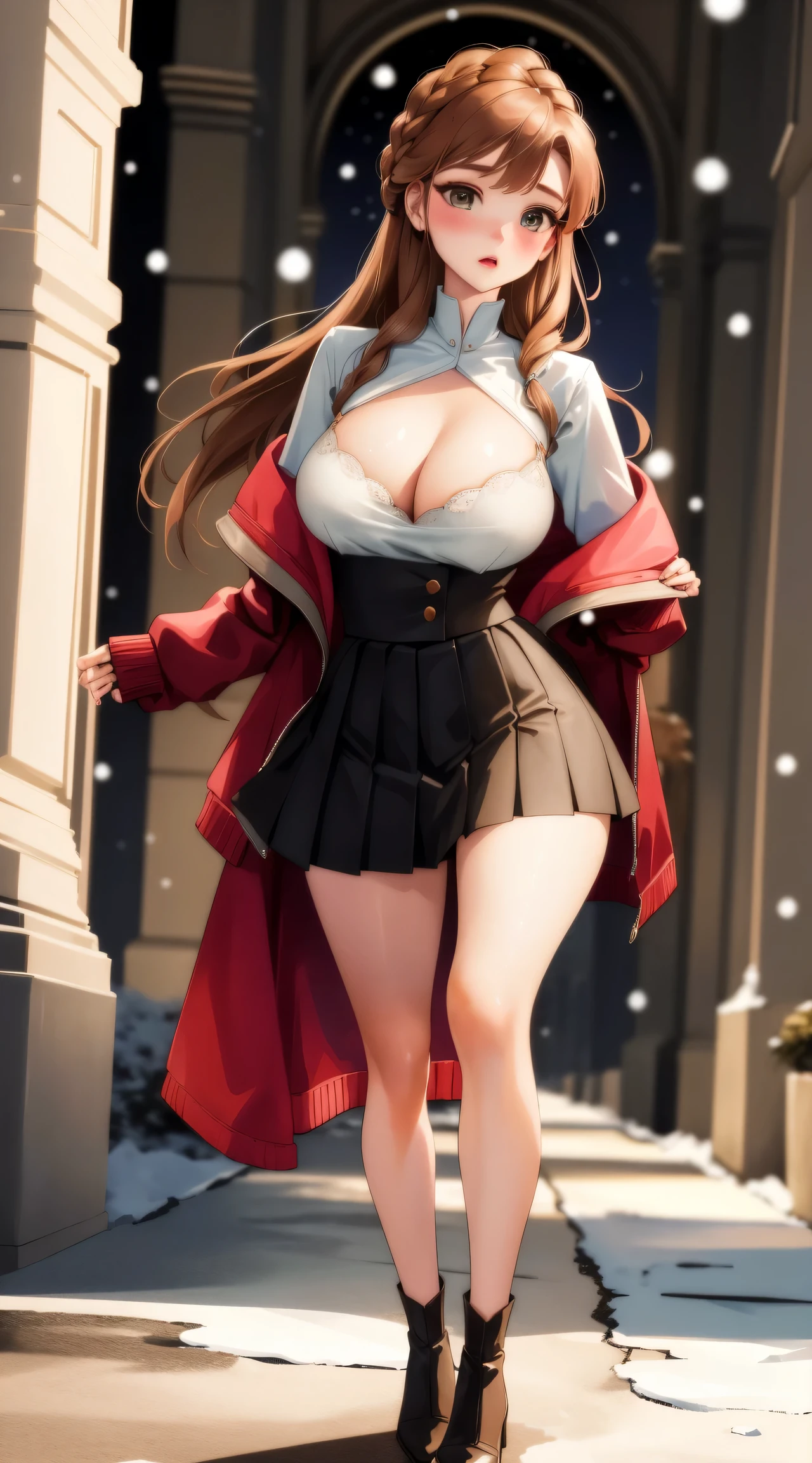 woman, ((Masterpiece, best quality)), full body view, sexy, bursting huge breasts, detailed skin, Anna from Frozen clothes, highly detailed, cinematic lighting, ultra realistic, blush, looking at viewer, anna, anna from frozen, princess, disney, brown hair, long hair, portrait, outdoor, snow, cleavage, large breasts, wide hips, full body view, tall,
skirt, miniskirt, microskirt, pleated skirt, thighs,