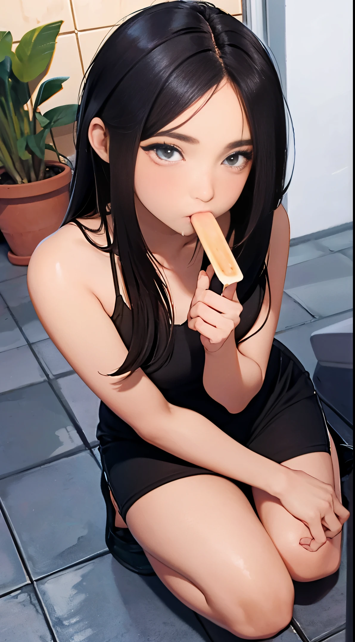 frente viem, 18 year old woman kneeling and sucking on a popsicle, shoulder-length hair, sem roupas.