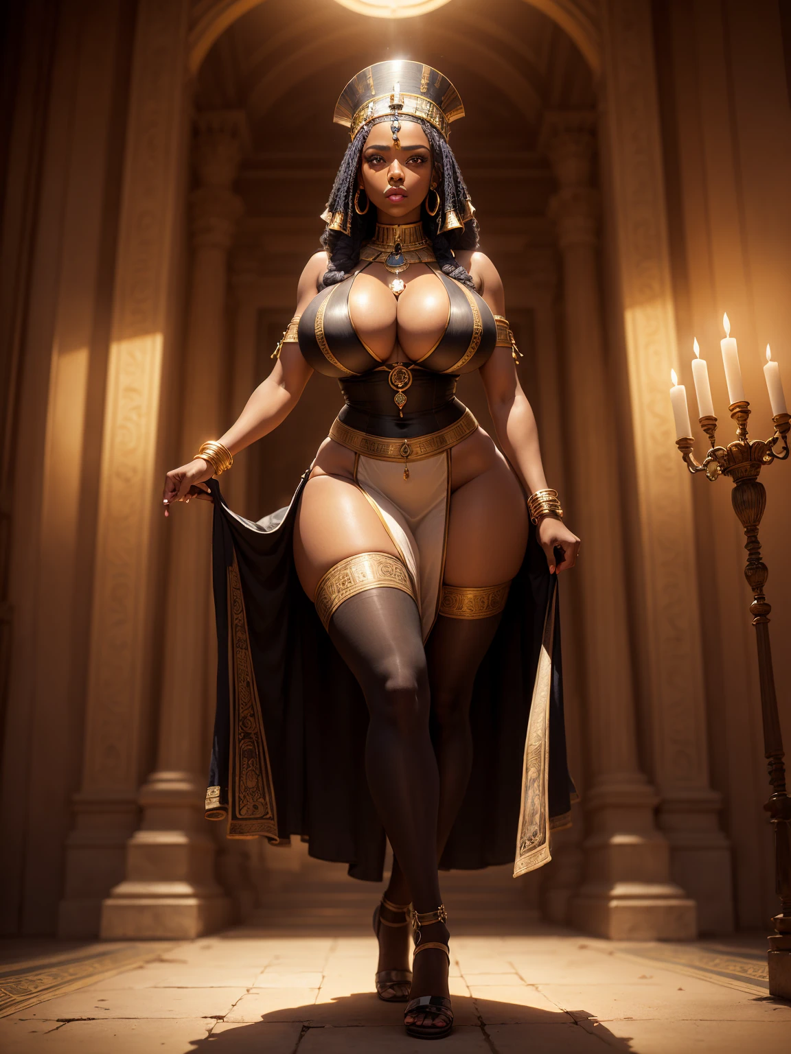 (masterpiece, best quality, perfect face, beautiful and aesthetic:1.2, highest detailed face), (gorgeous ancient queen, super huge gigantic breast, slim waist, thick tights, (dark skin:1.2), wide hips), mysterious atmosphere, (bewitching dresses, sexy cleopatra dress, african folk costumes, snake-shaped bra), sexy pose, seductive pose, candlelight, (night African palaces, Inside the pyramid), full body shot, solo, (extremely detailed, hyper realism, dramatic light, sharp, HDR, high quality),