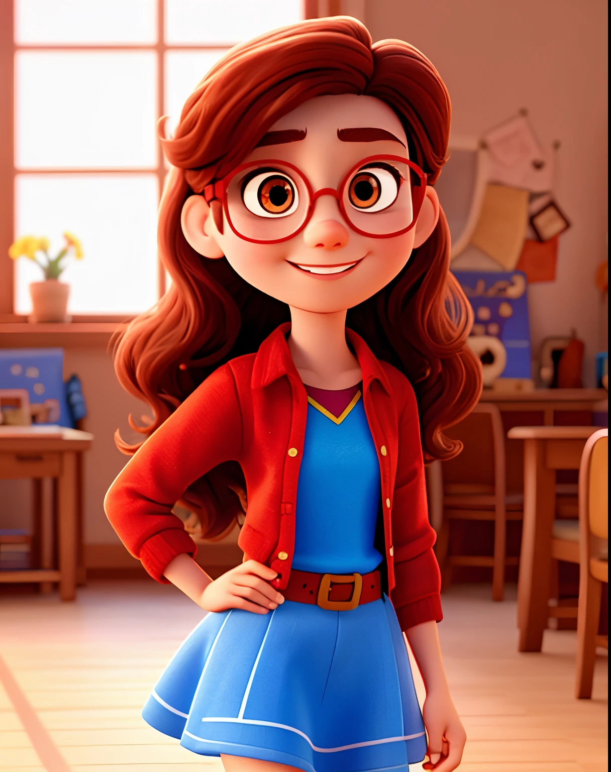 Disney pixar cartoon animation, titled Valeria, 17 year old girl, medium hair, wearing round glasses and red dress, high quality, best quality