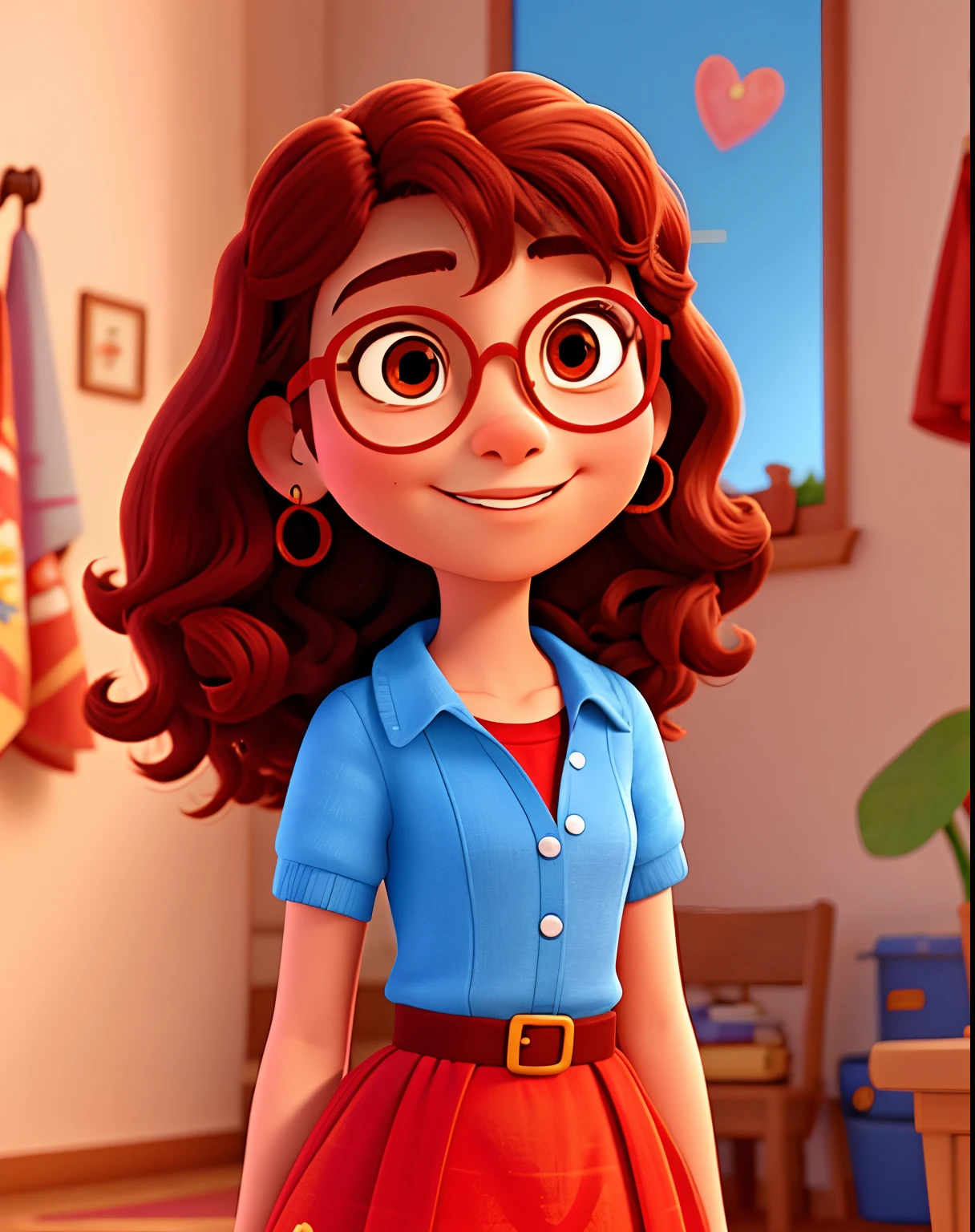 Disney pixar cartoon animation, titled Valeria, 17 year old girl, medium hair, wearing round glasses and red dress, high quality, best quality
