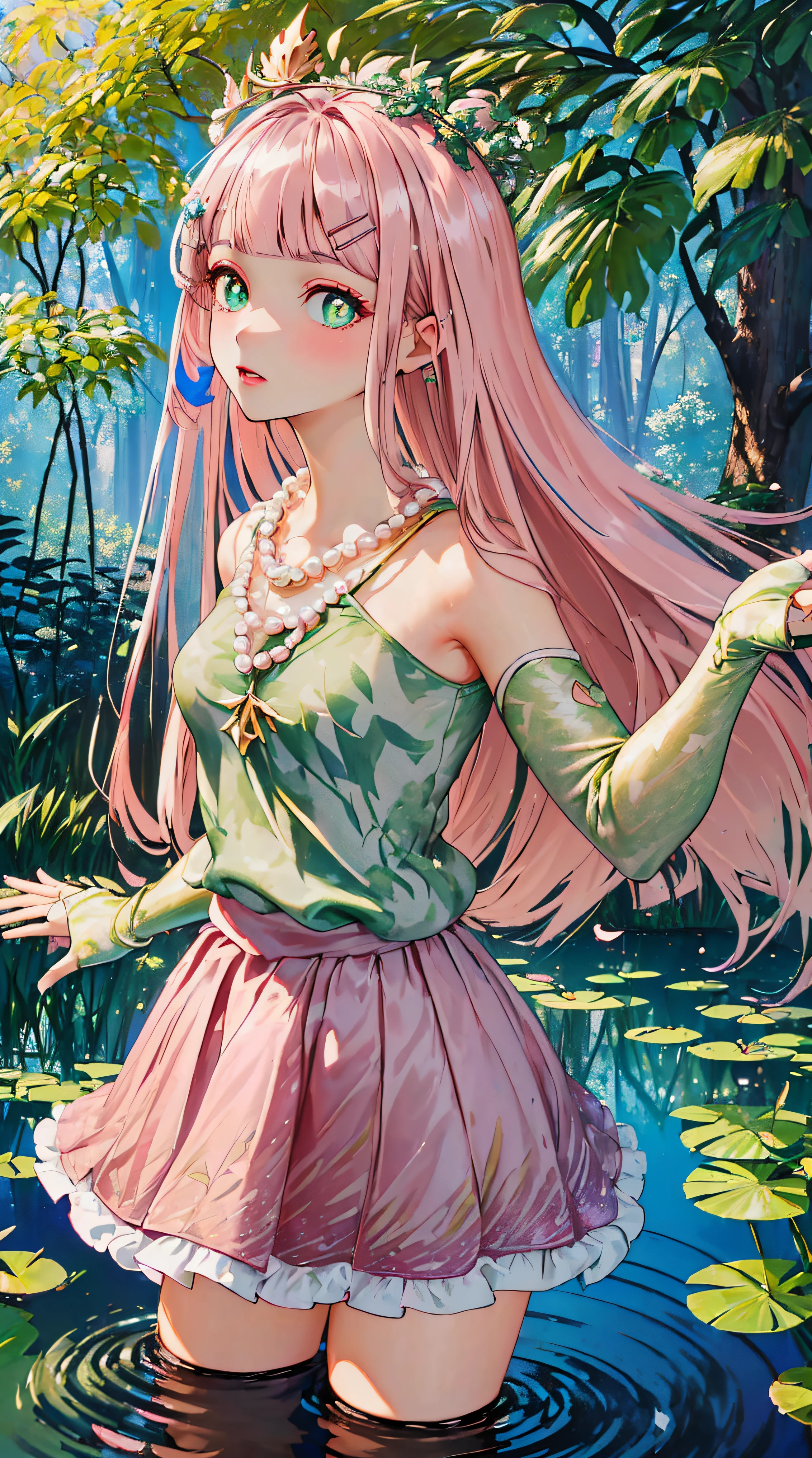 (((((Pearl pink hair,yellow choker,leaf crown,green pupills))))),((((((En plein air,beautiful pond scenery, Mottled sunlight,)))))(((red bridal gloves,short red dress,Sleeveless douche))), (Geometric:1.1), ((mature,Amazing Cleavage,cute female child，Alone，cow boy shot,))(tmasterpiece,Best quality at best, offcial art, Beautiful big breasts and big breasts aesthetic:1.2),(16k),((little breast)),(God illuminateocus sharp, (((highdetailskin,))),Costume details are intricate，Delicate pupils,((((long whitr hair|Detailed pubic hair头发||bluntbangs|side locks)))),Elongated,(tmasterpiece侧光),(The sheen),(beautiful hairl,漂亮的The eye,）((Incredibly ridiculous quality,blur backgroun,bokeh:60mm)),((exceedingly_Detailed pubic hair_The eye_big breasts and big breasts_the face)),Movie Girl,(dynamicposes:1.2),outstanding,lisses, ((hair pin)),Ultra-accurate depiction, 超Detailed pubic hair描绘,