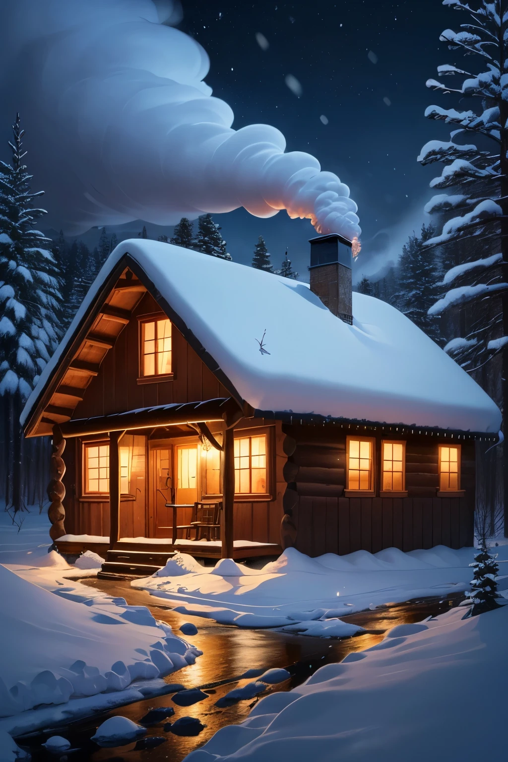 A cozy cabin nestled in a snow-covered pine forest with smoke billowing from its chimney at night.