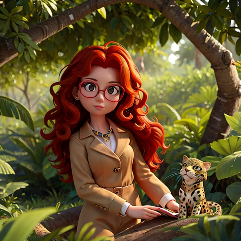 Curly redhead with glasses ,with jaguars in the forest