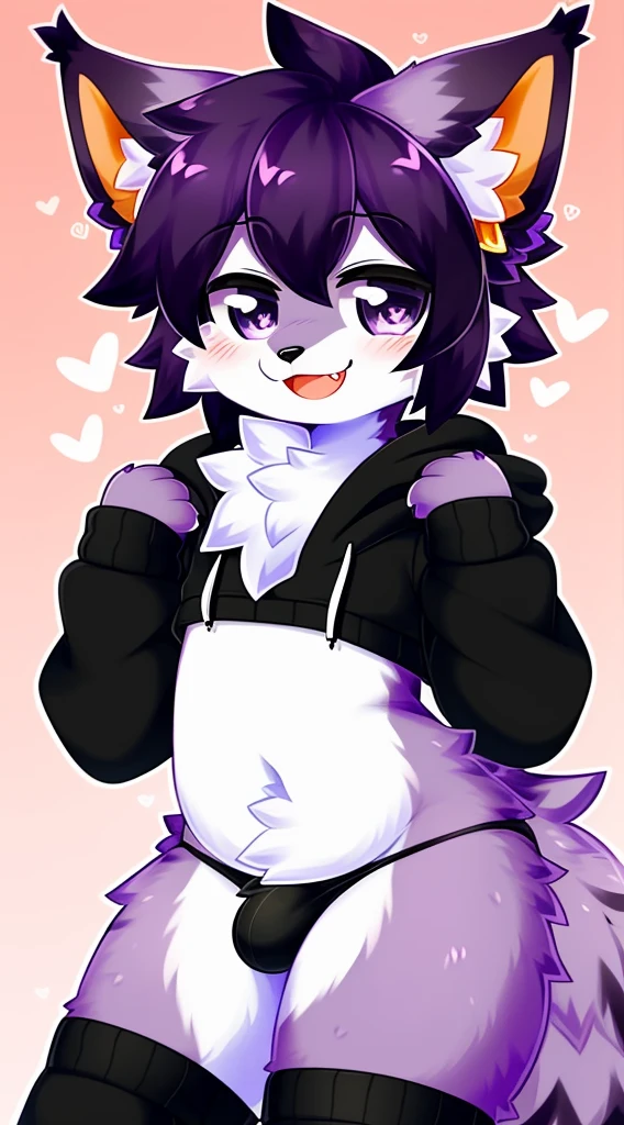 Furry male, eyeliner, eyelashes, (((black eyeshadow))), ((male focus)), lynx, (((purple fur))), (purple hair), furry, cute fangs, cute, medium hair, furry, anime style, fluff, fluffy, thuft, disheveled, realistic fur, detailed, detailed shadows, cheeks fluff, ((fullrender)), (((neck fluff))), <3 eyes, icon portrait, avatar icon, only face, smug face, ((super fluffy)), (upper body), one fang, ((shoulder fluff)), ((shoulder tuft)), ((hairy body)), (((fluffy body))), (((furry body))), thicc thighs, detailed hands, yiffy, teasing face, ((bedroom background)), (((kemono))), ((leg warmers)), ((arm warmers)), upper body, seductive pose, solo focus, ((by jinxit)), pawpads, claws, Bulge, thong, ((hoodie)), black clothes,