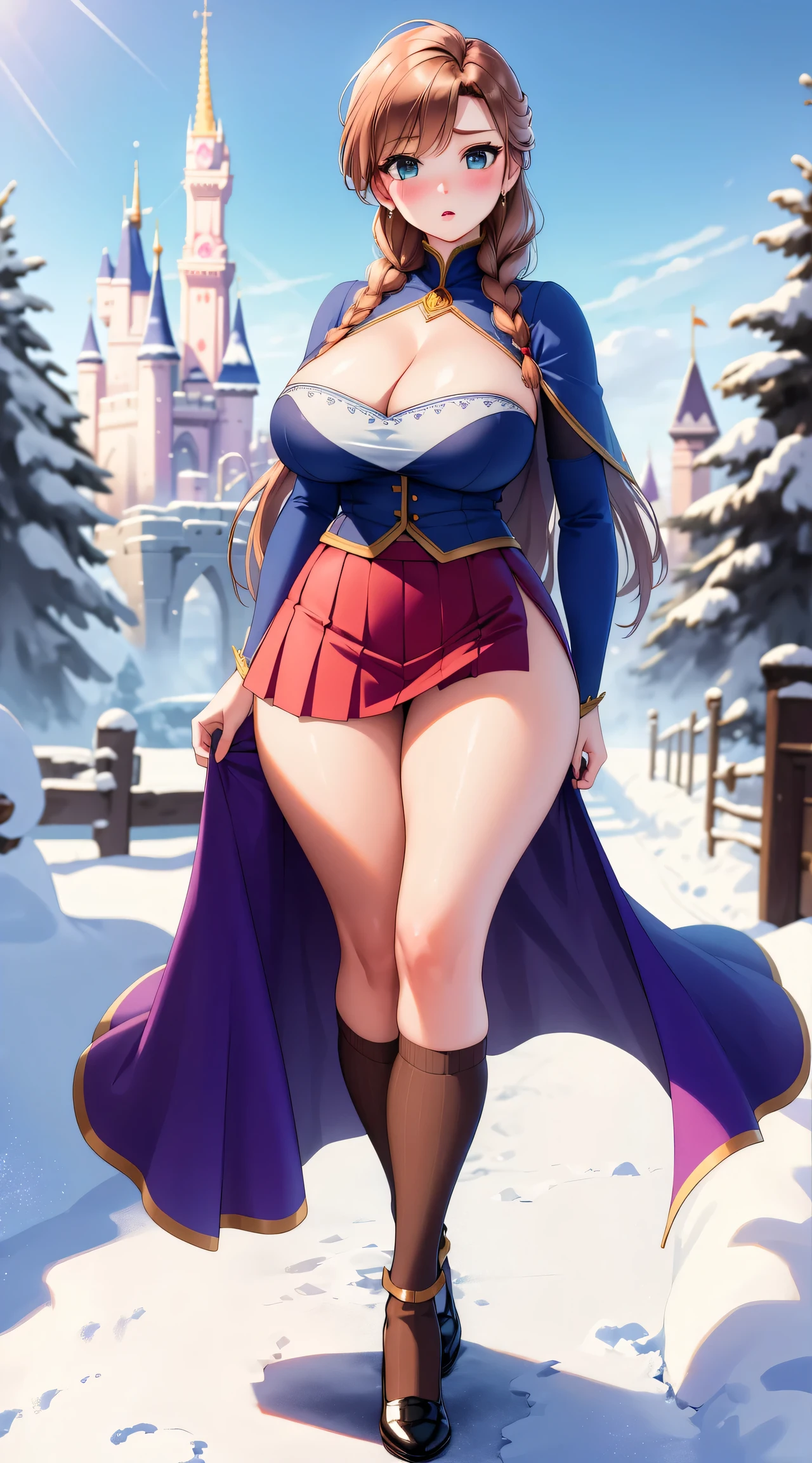 woman, ((Masterpiece, best quality)), full body view, sexy, bursting huge breasts, detailed skin, Anna from Frozen clothes, highly detailed, cinematic lighting, ultra realistic, blush, looking at viewer, anna, anna from frozen, princess, disney, brown hair, long hair, portrait, outdoor, snow, cleavage, large breasts, wide hips, full body view, tall,
skirt, miniskirt, microskirt, pleated skirt, thighs,