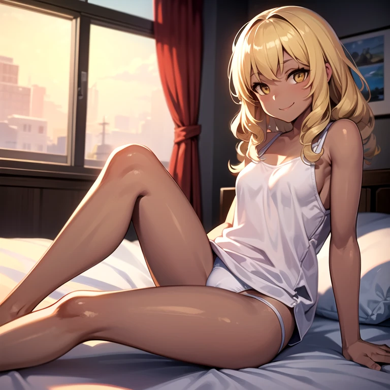 masterpiece, best quality, 1girl, solo, mature female, dark-skinned female, curly hair, long hair, blonde hair, double-crossed bangs, yellow eyes, white tank top, white male underwear, sitting on bed, hands on bed, looking at viewer, seductive smile, seductive pose, bed, bedroom