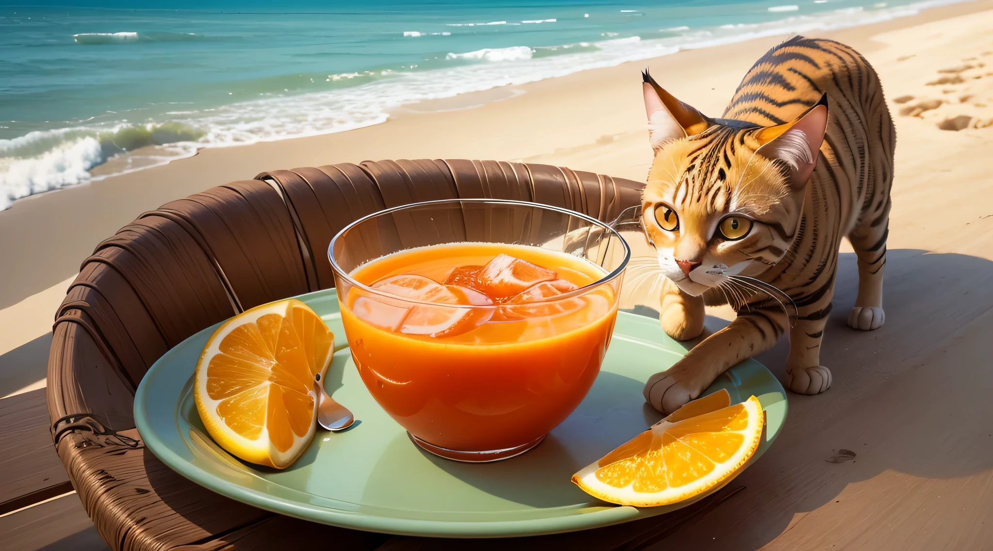 gato na praia tomando suco de laranja