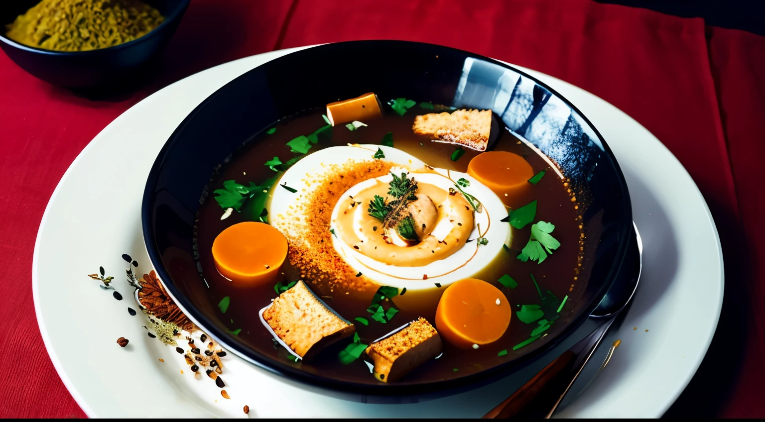 (best quality,8k,highres,masterpiece:1.2),top view,bowl of lentil soup with thyme and cardamom spices,bowl with steam rising,artistic arrangement of spices,thyme and cardamom spice sprinkled on top,spices swirl in a harmonious pattern,rich colors and textures,steam gently wafting,meticulously arranged composition,spices creating a visually striking effect,detailed focus on soup and spices,immersing viewers in the scene,vibrant colors and intricate details,realistic textures and lighting,photorealistic portrayal of the dish,indulge the senses,enticing aroma,creating a sense of warmth and comfort,dark and earthy tones,elegant play of light and shadow,prompting a craving for a flavorful meal,exquisite presentation,captivating from every angle
