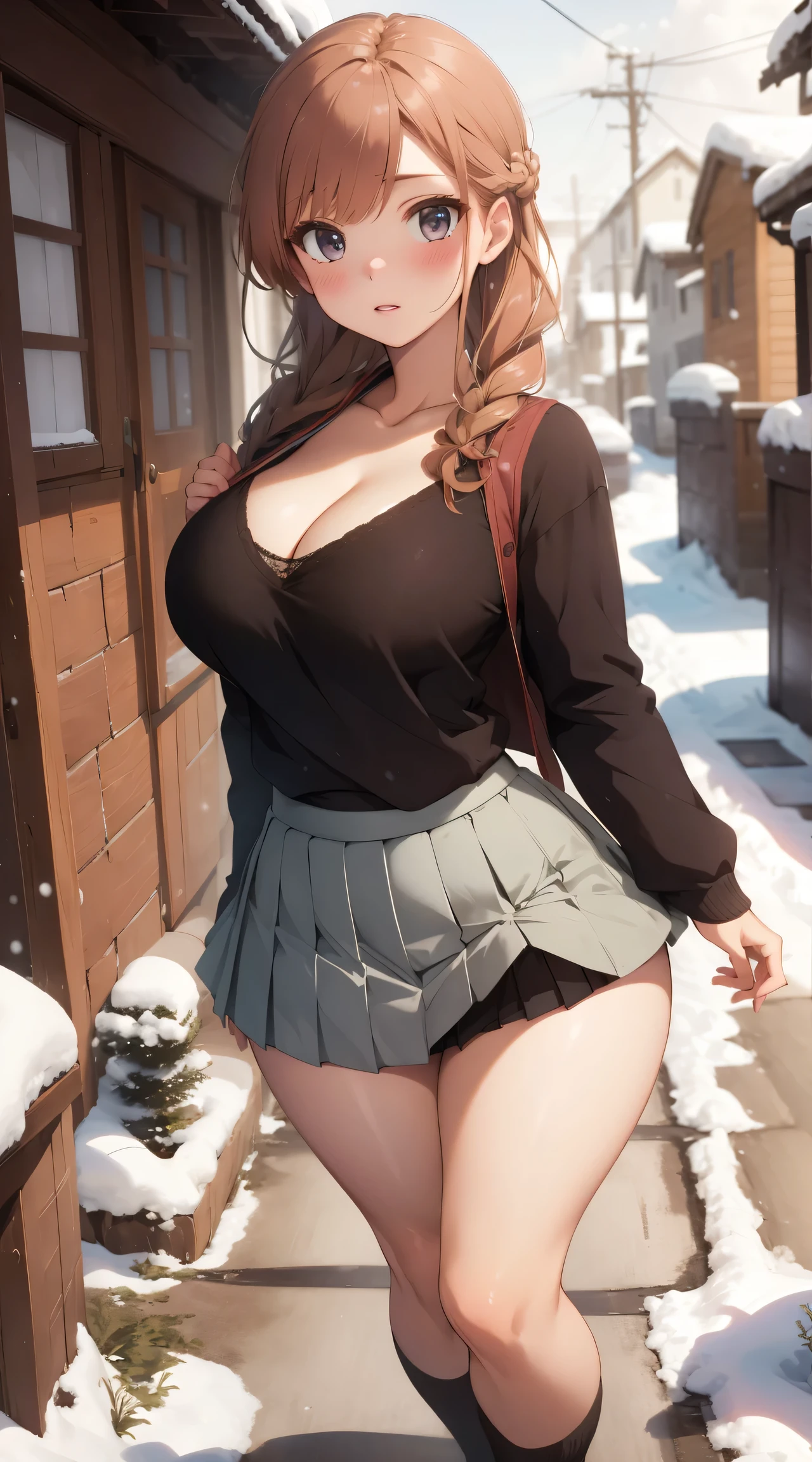 woman, ((Masterpiece, best quality)), full body view, sexy, bursting huge breasts, detailed skin, Anna from Frozen clothes, highly detailed, cinematic lighting, ultra realistic, blush, looking at viewer, anna, anna from frozen, princess, disney, brown hair, long hair, portrait, outdoor, snow, cleavage, large breasts, wide hips, full body view, tall,
skirt, miniskirt, microskirt, pleated skirt, thighs,