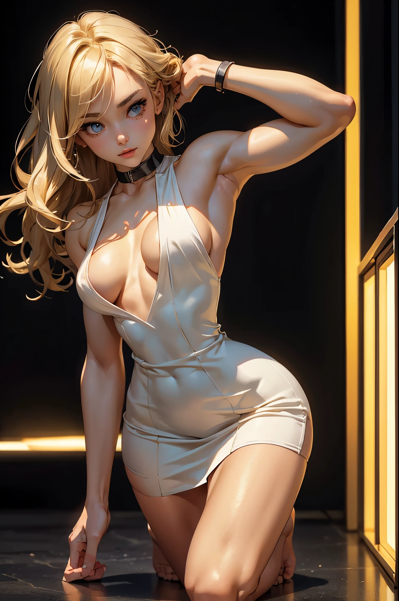 (masterpiece), (best quality), (detailed), light layer, 1solo girl, young girl, perfect body, blonde hair, defined chest, defined collarbone, ultra realistic, photorealistic, detailed, ,Enhance, Short Orange Mini Dress Low chest Bodycon Club Evening Party Sexy Dress, black background, white spotlight, all fours, leaning_back