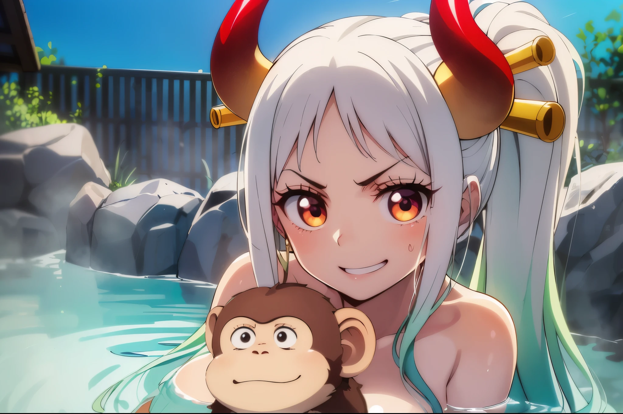 masuter piece, Best Quality, 超A high resolution, top-quality, Anime style, The best lighting, Beautiful face, Onepiece, Yamato, (1girll:1.3), Red Eyes, White and green gradient hair, Longhaire, poneyTail, The best smile, Colossal tits, Transverse breasts, red and yellow horns, Clear eyes, Crisp face, Unity 8k壁纸, (Beautiful detailed eyes:1.4), extra detailed face, Perfect Lighting, (Perfect hands, Perfect Anatomy), Lens Flare,Onsen, Infinite Sky,Blue sky,{{Bathing}}, {{yuruyuri}},reflecting light, (monkey in hot spring:1.3),