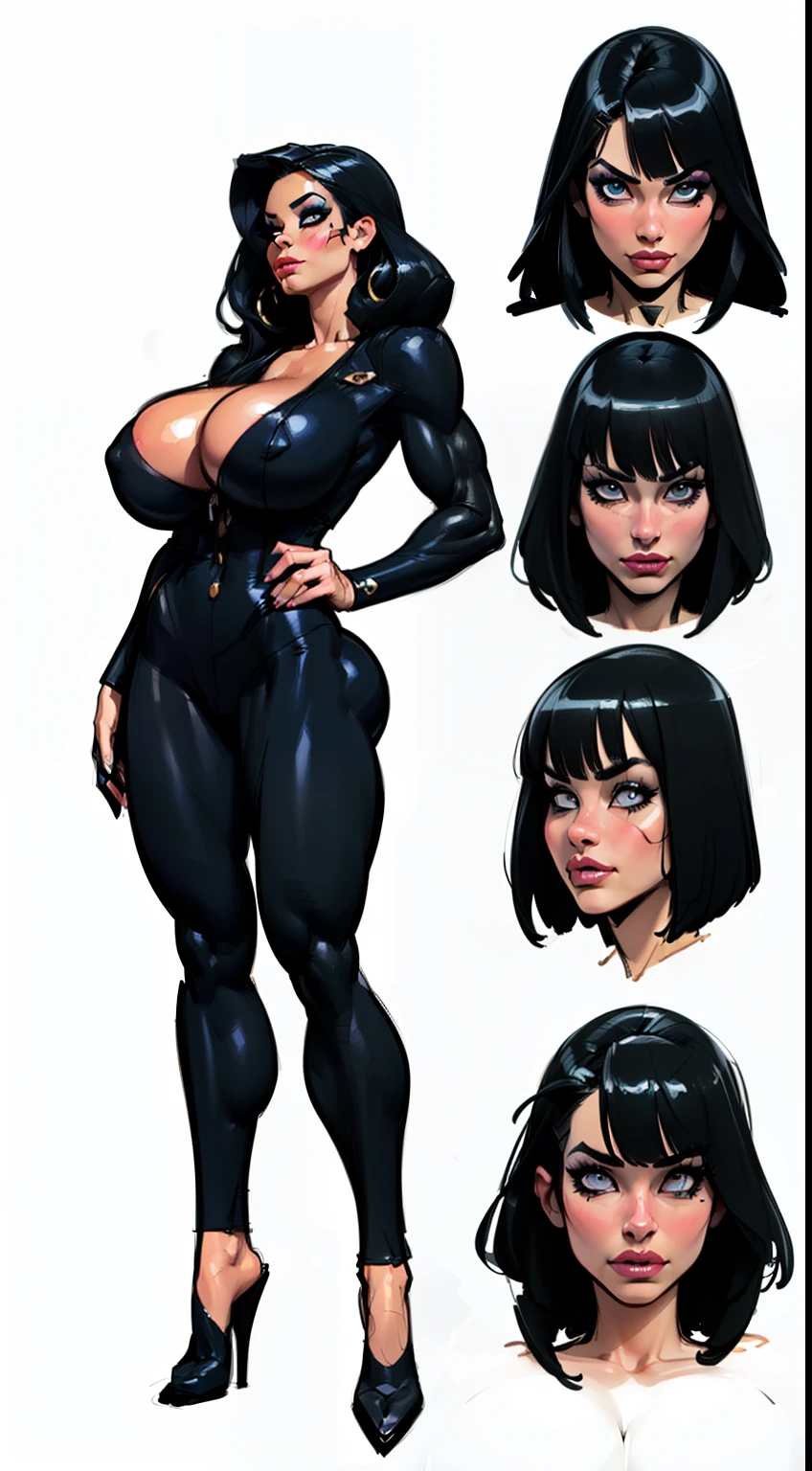 ((masterpiece)),(((best quality))), ((character design sheet:1.5)), (((sketches:1.5))), lineart, pencil lines only, ((full body view)) , (laying on knees and hands, legs spread open, ,(pronated on ground), illustration,1girl, muscular, ((black business suit:1.5)), ((hair combed back:1.4)), ((gothic make up:1.2)), ((detailed face:1.4)) ((gigantic breasts:1.6)), (slendered abs), ((cleavage)), beautiful woman, (thick legs), scribbles and marks, rough sketches, pose, 8k,16k, ( background, white background: 1.3)