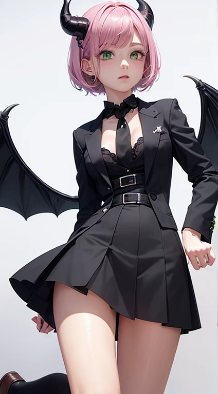 Anime illustration style,a beauty girl,demonic horns,Devil's wings on the back,(full bodyesbian),((Draw to the tips of your feet))、Standing,((Wearing loafers)),blazers,校服,preppy style,((Short Bob)),short-cut,A little bit of sagging eyes,High skin exposure,Pink hair,(The color of the eyes is green),Eye color is emerald green,You can see a little cleavage,((Idol costumes))、Singing、Have a microphone、The background is the stage