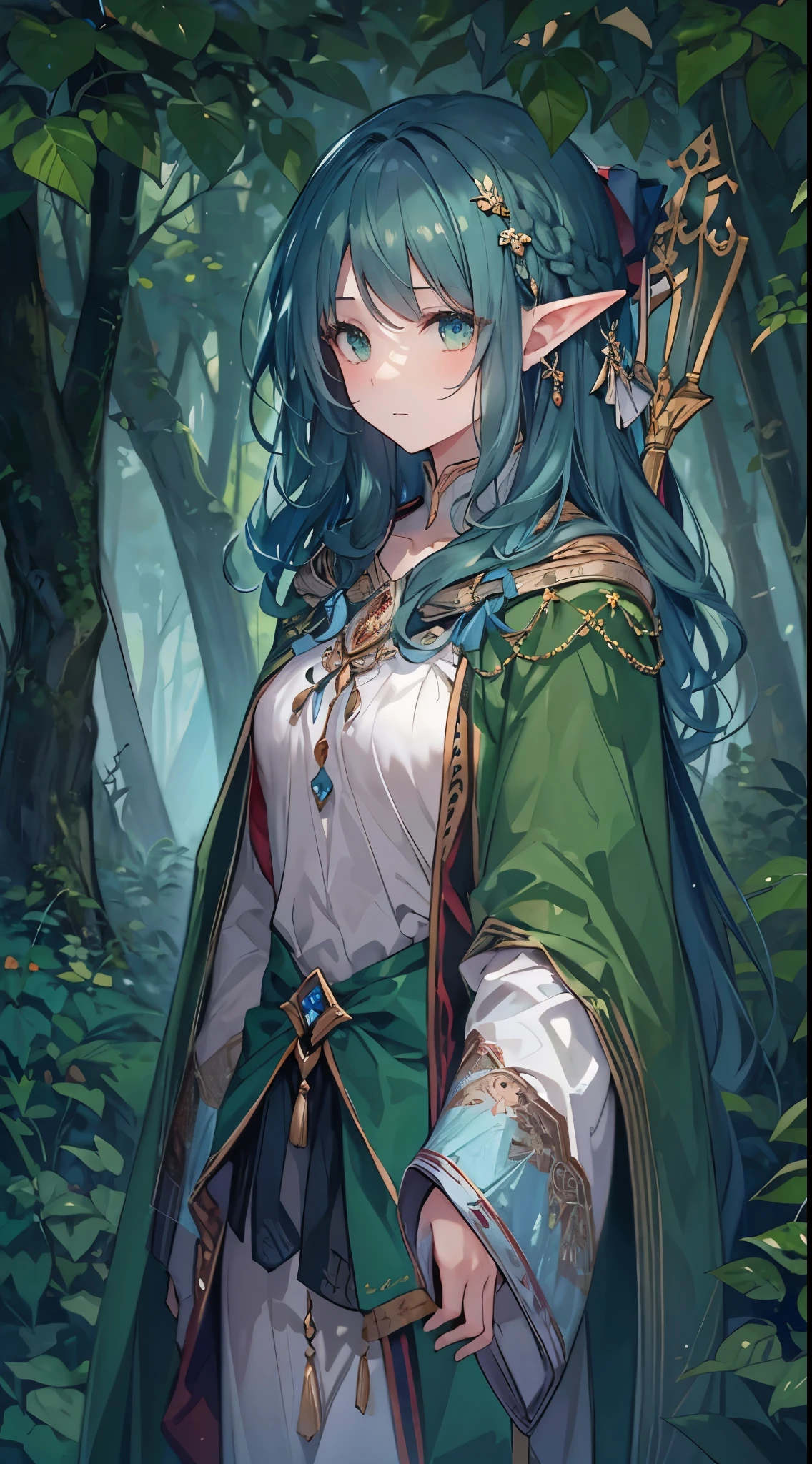 [[[ ultra-detailed, best quality, soft skin, beautiful]]], green eyes, blue sapphire hair, tall, shoulder-length hair, cloak in head, elf, slim body, dark forest background, archer clothes, stoic expression, looking at you, bow, holding a bow.