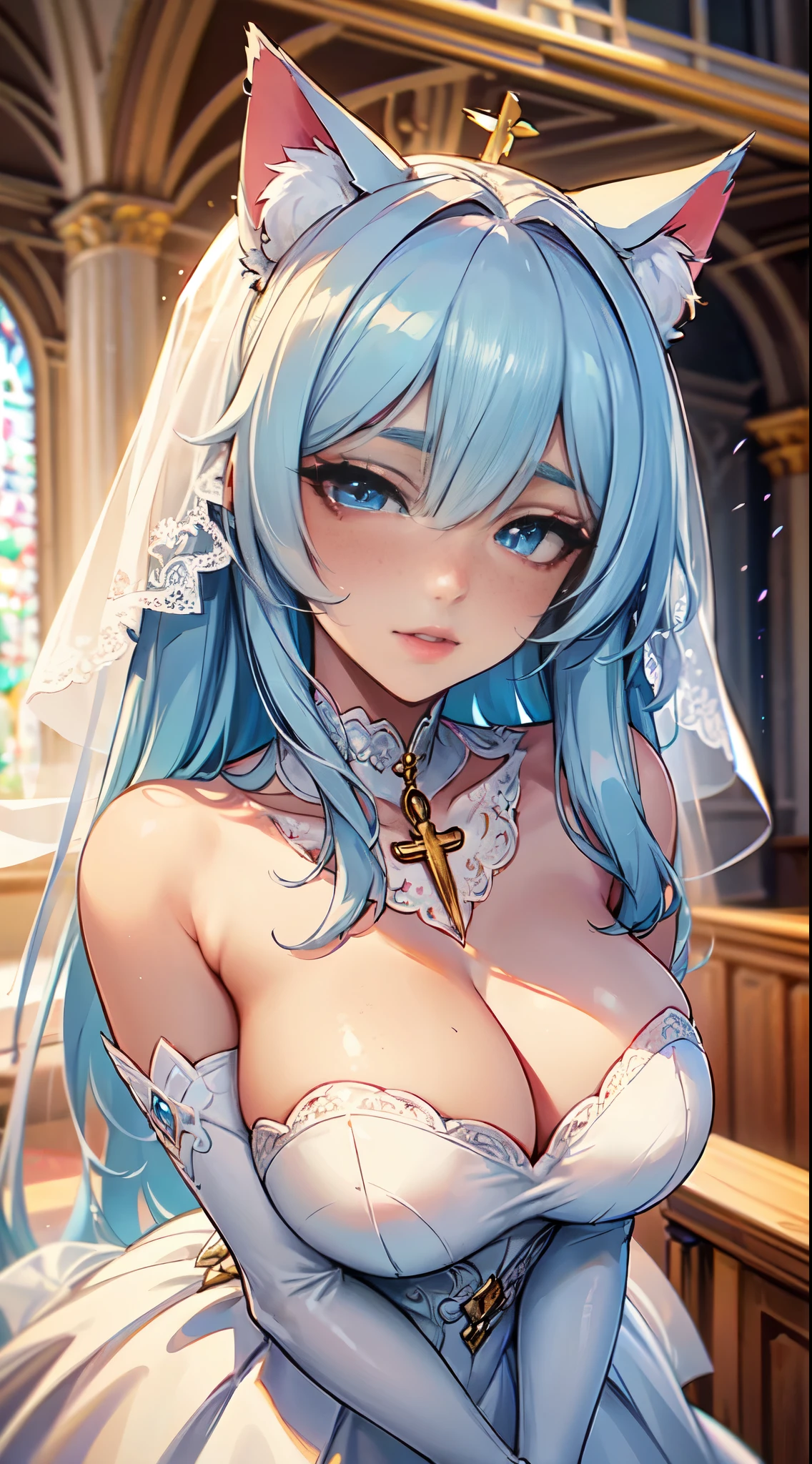 Masterpiece, high res, beautiful art, professional artist, 8k, art style by sciamano240, very detailed face, very detailed hair, 1girl, perfectly drawn body, beautiful face, long hair, light blue hair , very detailed blue vertical cat eyes, pouty lips , rosey cheeks, intricate details in eyes, extreme close up of face, see only head and neck, staring directly at viewer, wearing elegant wedding dress, jewellery, cat ears under veil, white elbow gloves, some freckles, wedding ring, warm smile, in love with the viewer expression, afternoon church setting, pov standing at the alter in front of viewer,