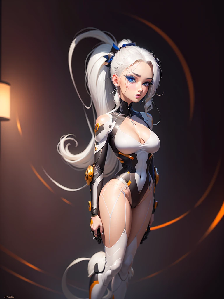 1 girl, beautiful,sharp features,hyper realistic,8k, white hair in high ponytail , strand of hair sticking out, seductive features,blue eyes, orange makeup, orange accessories, sexy,detailed hair