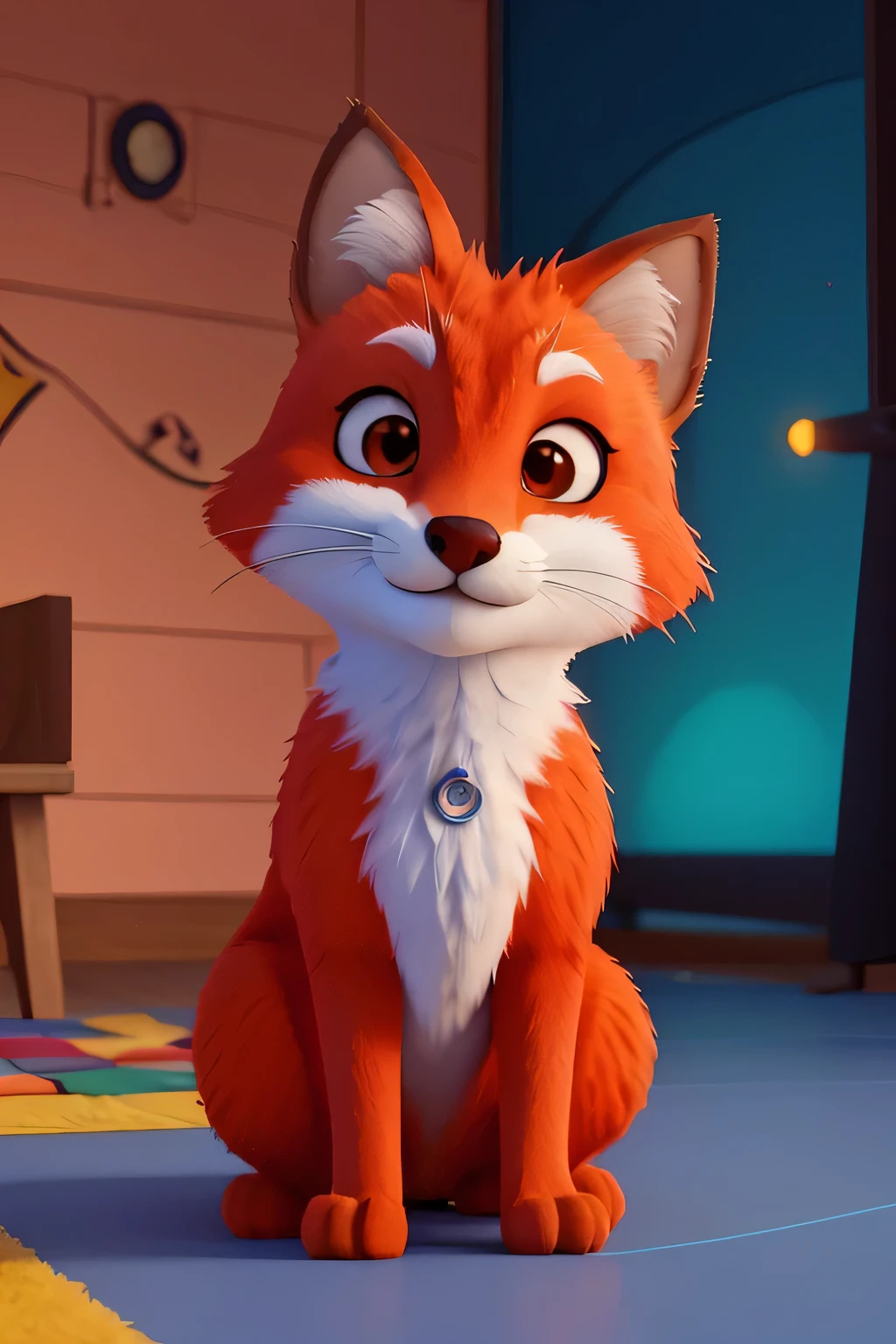 c4tt4stic,Raposa dos desenhos animados em blusa vermelha com uma escrita em branco (especificidades da escrita, RED BOX)（The specifics of the fox&#39;s appearance、Body hair is neon orange)(cenario futurista com muitos elementos tecnologicos e de celular)