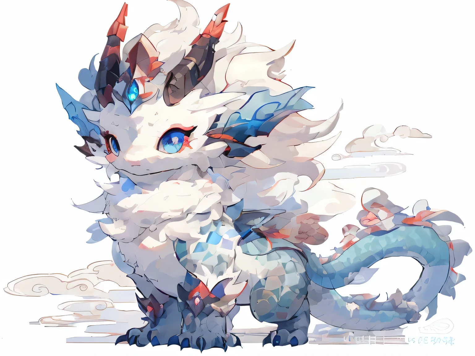 The white, blue, and red, shaggy, catss, with blue eyes, cute little dragon, Cute and detailed digital art, shaggy fluffy iridescent dragon, but as an anthropomorphic dragon, Fantasy creatures, Crystal Dragon, mythical creature, as an anthropomorphic dragon, Human Dragon Art,chinesedragon，a dragon made of clouds