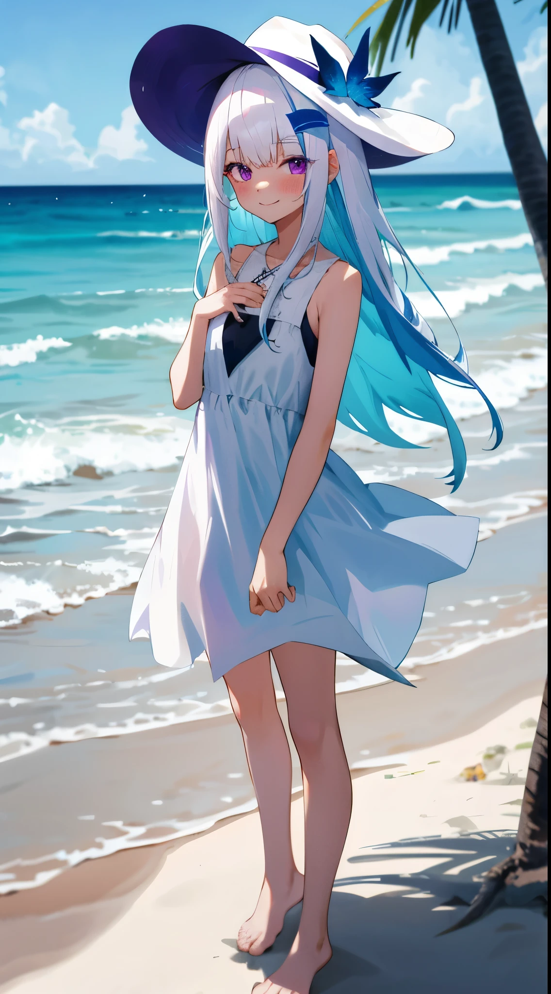 One girl with long hair, bangs, white hair, blue inner hair:1.25) , purple eyes, looking at viewer, blushing, little smile, white dress, sleeveless, white hat, outdoor, beach, bare legs, dizzy, mid-chest, day atmosphere, hair ornament, standing