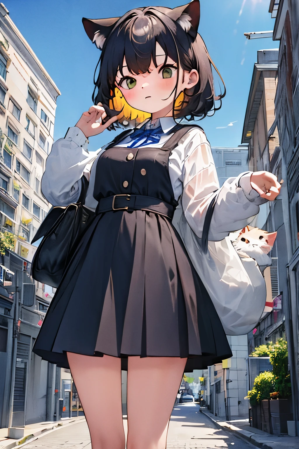 ((Best quality)), ((Masterpiece)),1 girl， cute_girl,animemanga girl，Q version characters，Infant body type，Very short in height，Black color hair，a black skirt，Cat earierce expression,