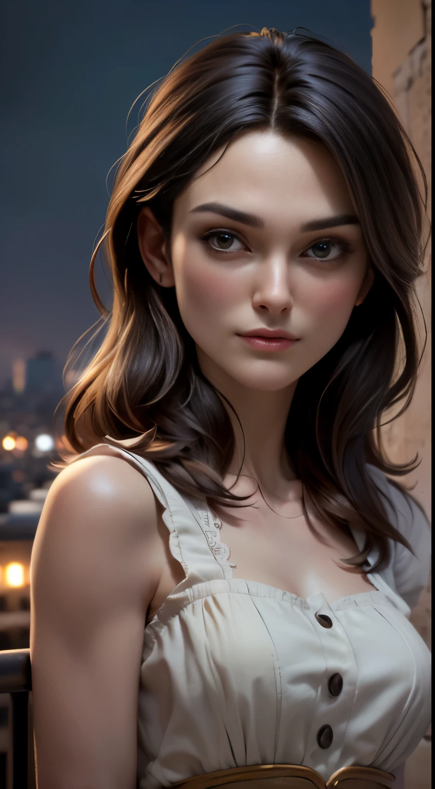 photo of Keira Knightley, RAW, beautiful woman, ((portrait)), ((detailed face:1.2)), ((detailed facial feature, detailed skin, clear skin), (perfect proportioned body, medium breasts), (wearing a peasant dress) (high detailed city environment, apartment balcony), (realistic photo, best quality, detailed), (8k wallpaper), (cinematic lighting, dramatic lighting) (sharp focus, intricate)