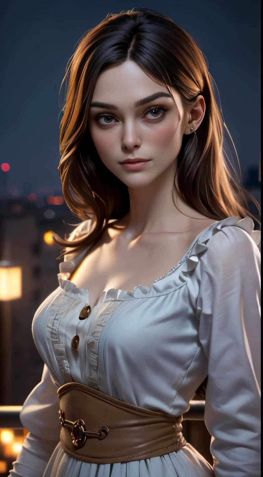 photo of Keira Knightley, RAW, beautiful woman, ((portrait)), ((detailed face:1.2)), ((detailed facial feature, detailed skin, clear skin), (perfect proportioned body, medium breasts), (wearing a peasant dress) (high detailed city environment, apartment balcony), (realistic photo, best quality, detailed), (8k wallpaper), (cinematic lighting, dramatic lighting) (sharp focus, intricate)