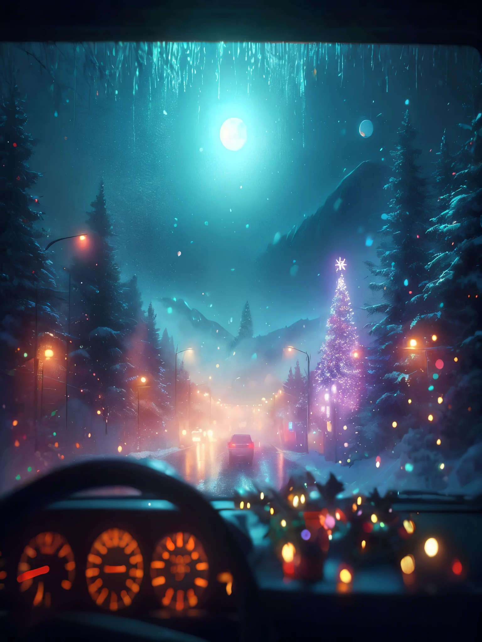 Draw an anime style ultra wide 16mm view scene of a view from foggy front view mirror of a car, steering, street lights, christmas decoration bokeh visible from window, snow, half moon, ambient dim light, masterpiece, beautiful color palette, landscape, peaceful, calm, lofi, like a movie