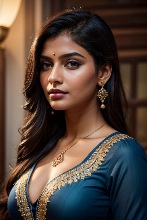 A woman with long, dark hair is dressed in a vibrant saree with a deep blue blouse and yellow saree. She wears gold earrings and has a small red bindi on her forehead. Her soft, straight hair cascades over her shoulders, and she has a calm expression with slightly parted lips. The background is neutral and blurred, focusing the attention on her.