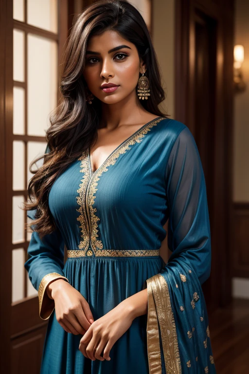 create a hyper realistic vertical photo of Indian most attractive serious woman in her 20s in blue salwar kameez, extra big chest, 36D, light brown hair, trending on artstation, portrait, digital art, modern, sleek, highly detailed, formal, serious, determined, CEO, colorized, smooth, charming, pretty, soft smile, dark red lipstick, soft lips, black eyes