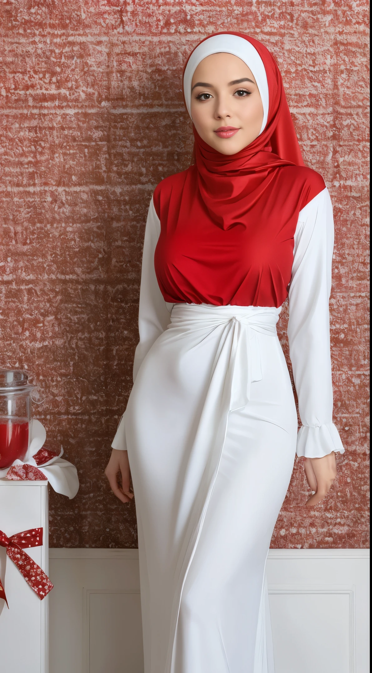 Girl, medium boobs, hijab, long dress, red and white, lingerie, candy, Christmas, santa, white liquid