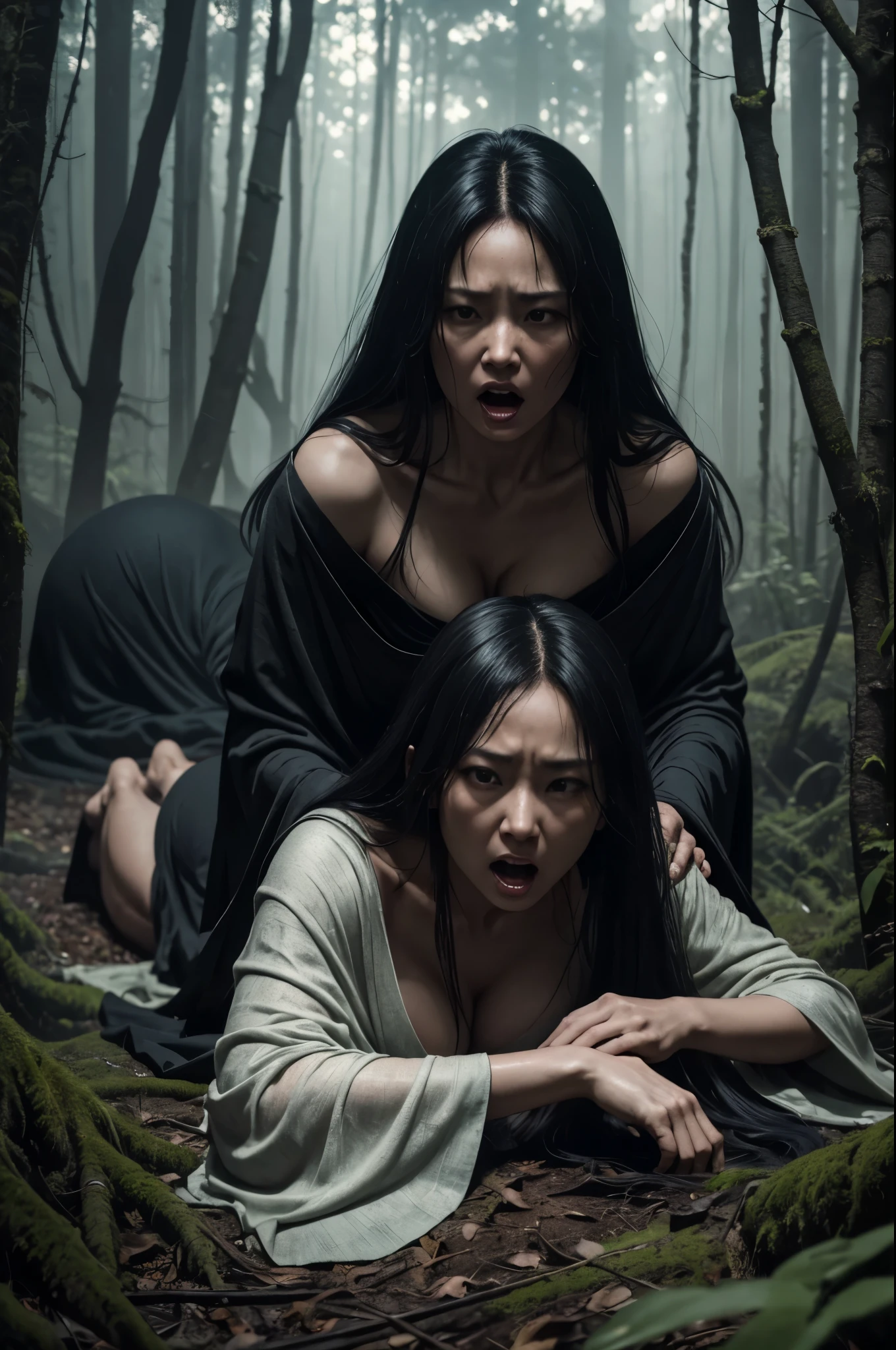 8k,crawl on the ground in the forest,very large breastの,超A high resolution,real looking skin,Horror ,very long black hair, Sadako,Super beauty(Like the real thing), wearing a dirty gown, eerily distorted face,thirds rule, Tonal color scheme, White kimono, mystery, Horror, Crazy look,In the style of Denis Villeneuve, Film Still, cinestill 800,Fantasyart,character art,sexy for,Horrific morphology,grudge,Grievances,very large breast,Crawling to the ground,old very large well in the forest,Middle-aged woman,Lie down and look up,reaching out her hands,,Wide open mouth,