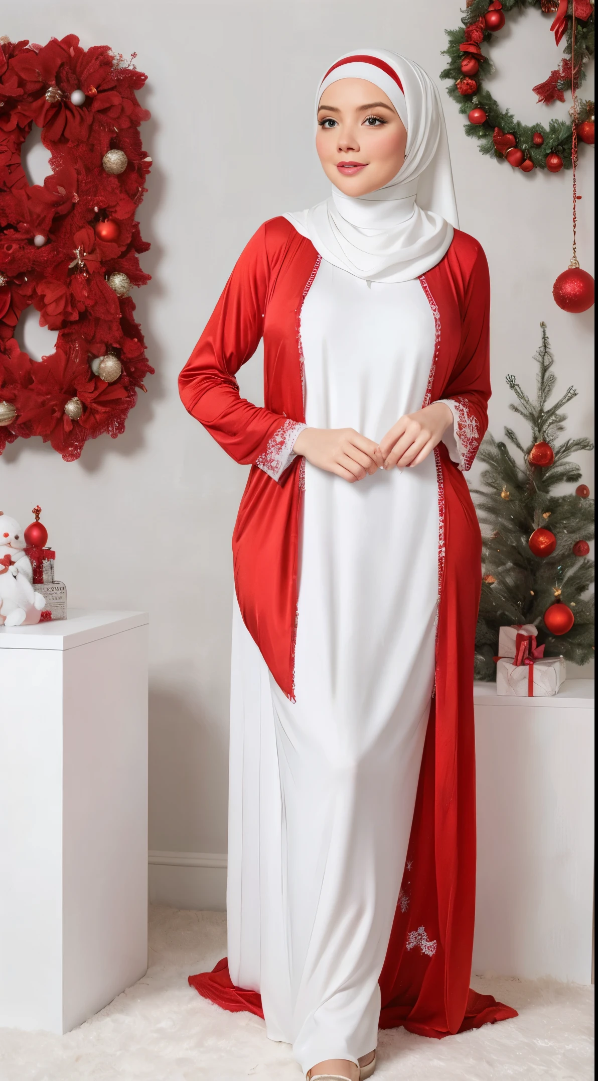 Girl, medium boobs, hijab, long dress, red and white, lingerie, candy, Christmas, santa, white liquid