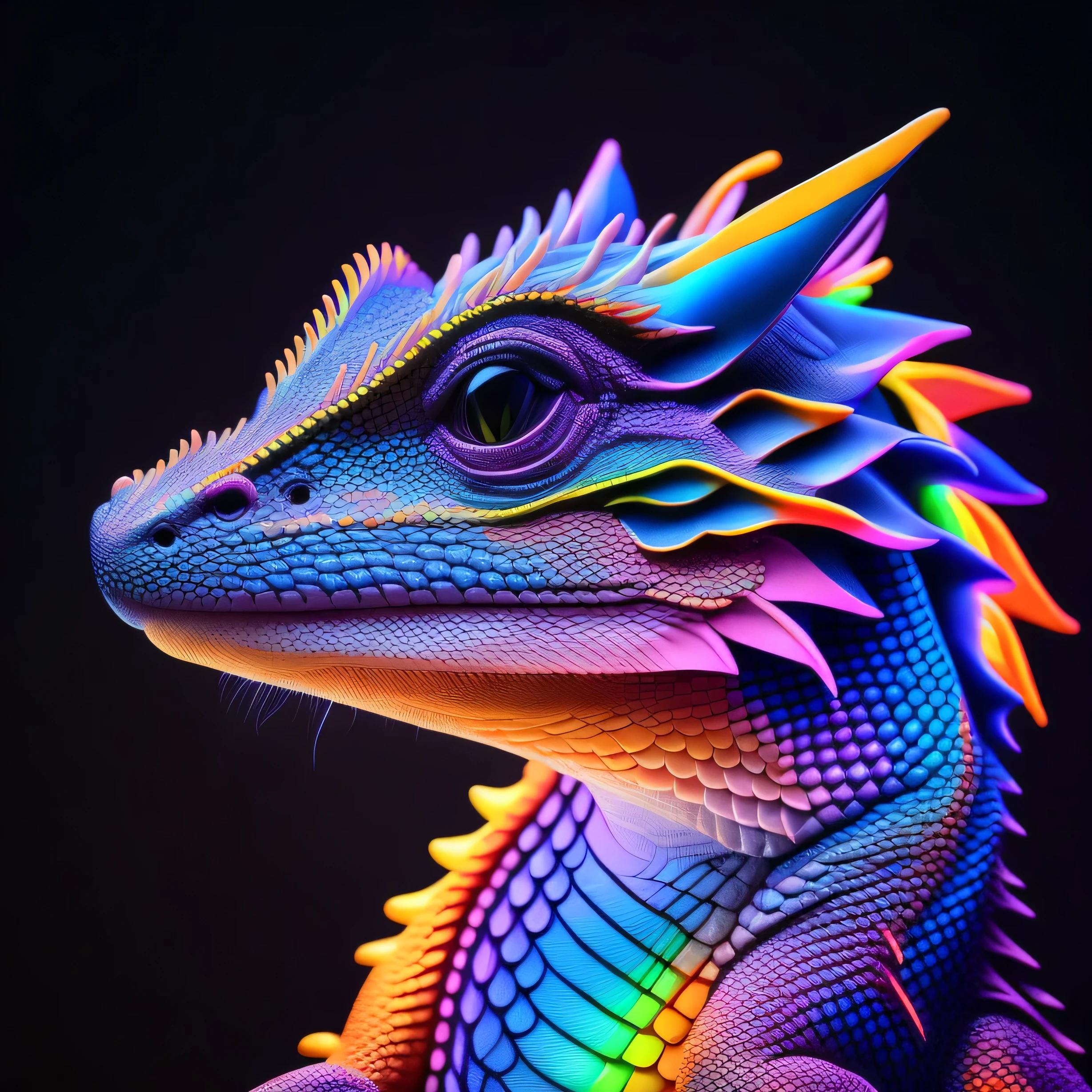 intricate and colorful, (digital painting:1.2) neon bearded dragon, bright neon skin, wet, concept art, octane render, trending on artstation, neon-noir background, iolibt, vfx, Blender and Photoshop, octane render, excellent composition, cinematic atmosphere, dynamic dramatic cinematic lighting, aesthetic, very inspirational, arthouse,(dark plain black background:1.4))