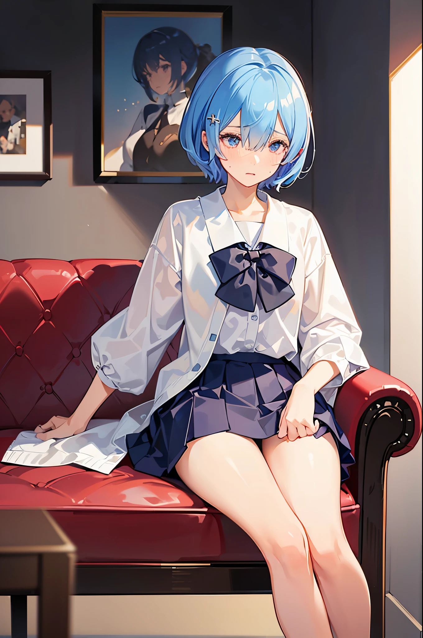 (Masterpiece:1.2, high quality), (pixiv:1.4), (1girl:1.2), (solo:1.2), (embarrassed:1.2), (rem), short blue hair, bangs, hairpin, blush, school uniform, short check skirt, sitting on couch, (sitting cross knee), exposed pubic area, black thong, blurry background, intrinsic interior, 4k, high resolution, ultra-detailed, close up shot, looking away, (detailed face)