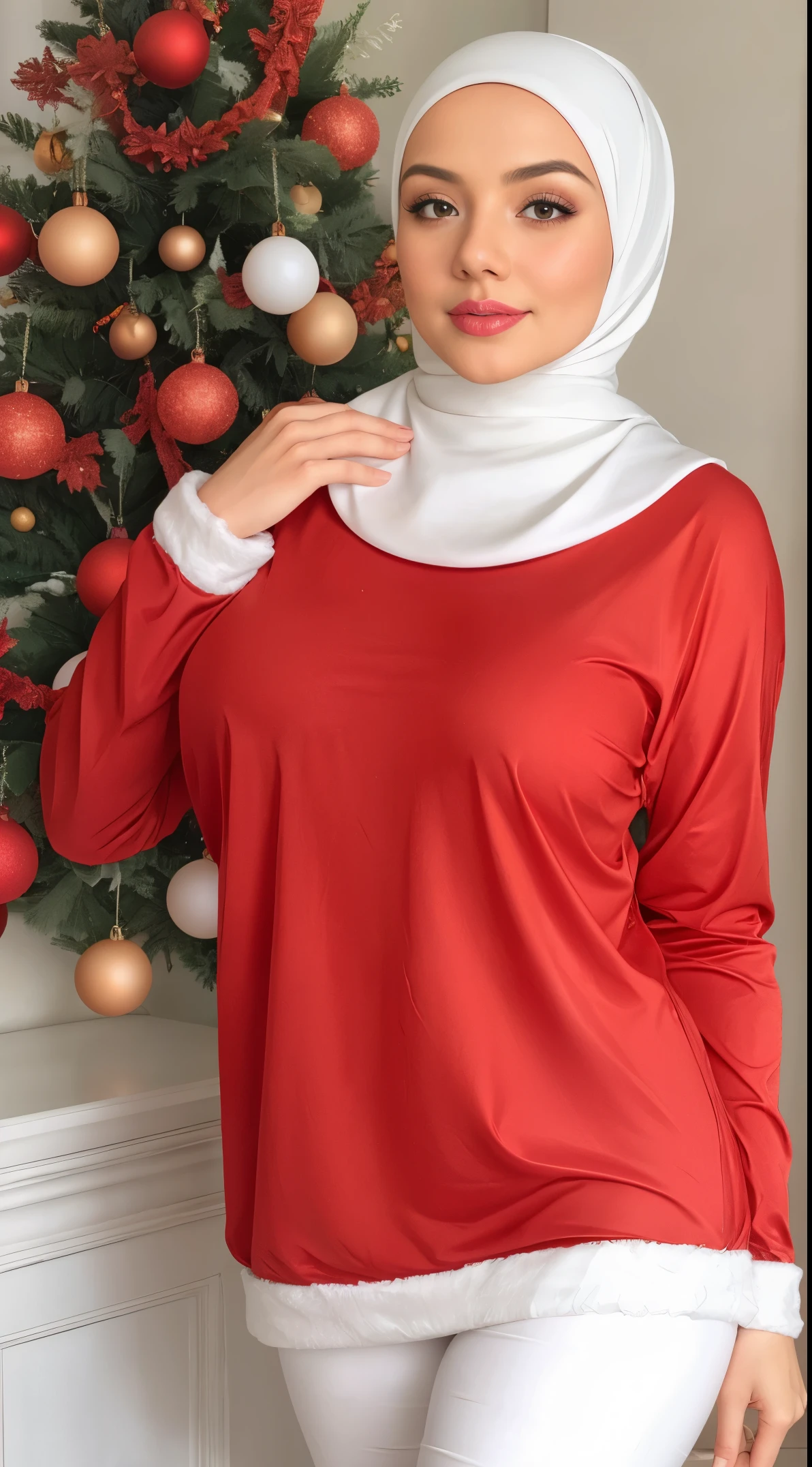 Girl, medium boobs, hijab, long t-shirt, red and white, lingerie, candy, Christmas, santa, white liquid