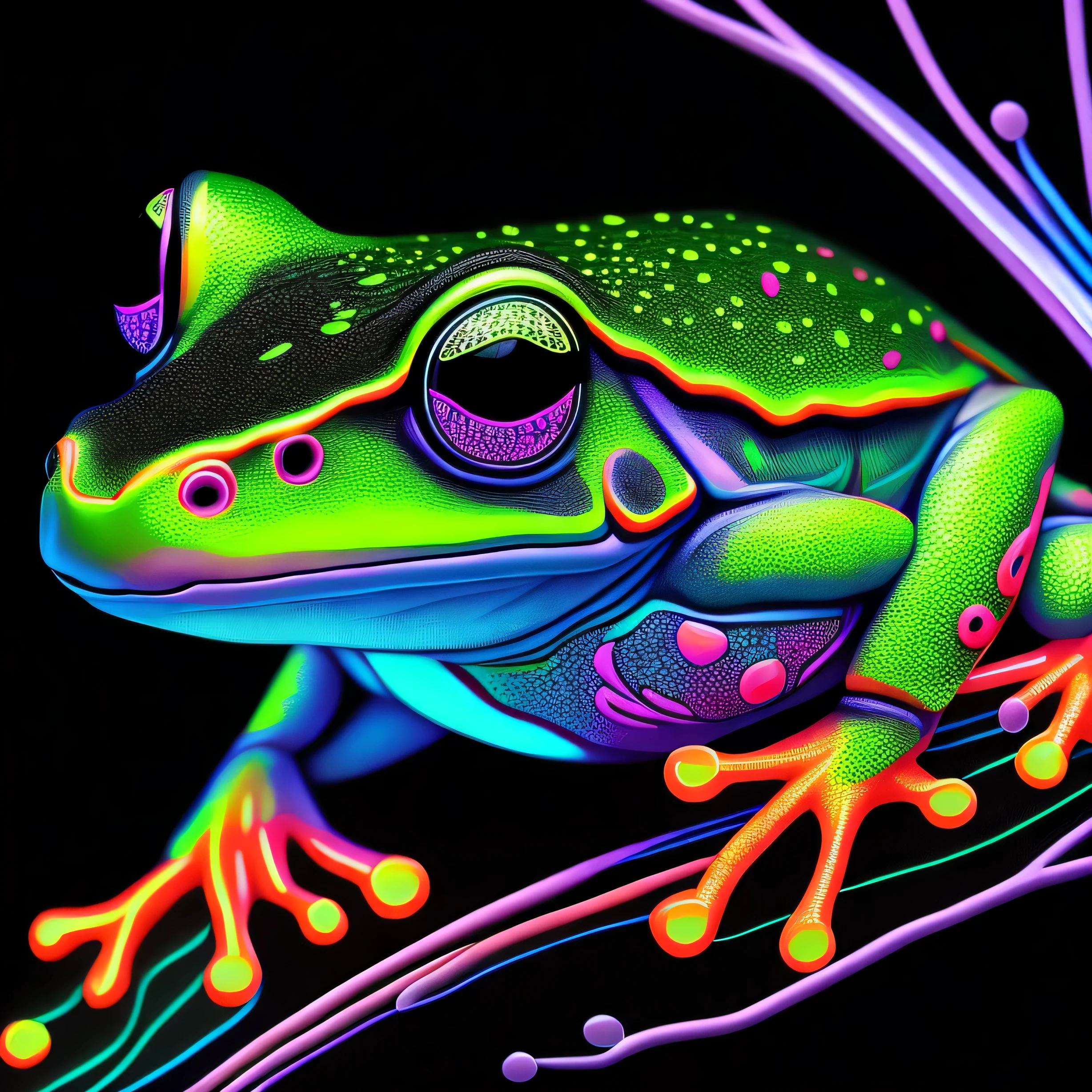 intricate and colorful, (digital painting:1.2) neon tree frog, bright neon skin, wet, portrait, concept art, octane render, trending on artstation, neon-noir background, iolibt, vfx, Blender and Photoshop, octane render, excellent composition, cinematic atmosphere, dynamic dramatic cinematic lighting, aesthetic, very inspirational, arthouse,(dark plain black background:1.4))