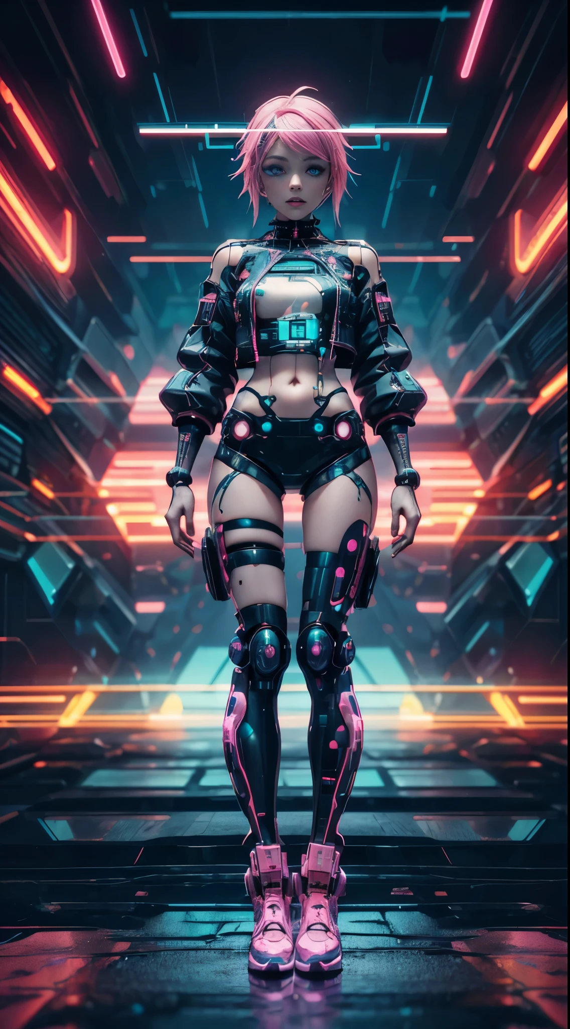 solo, 1girl, full body nude, (electric Aqua pink hair), (electric orange eyes), ((Cyber punk outfit)), (symmetrical eyes), (Perfect face), (Perfect Anatomy), (looking at viewer), (cyber shot), ((Glitch Art background)), (glitch art:1.3) ((glitch effect)), (8k), (HD), (Cinematography)