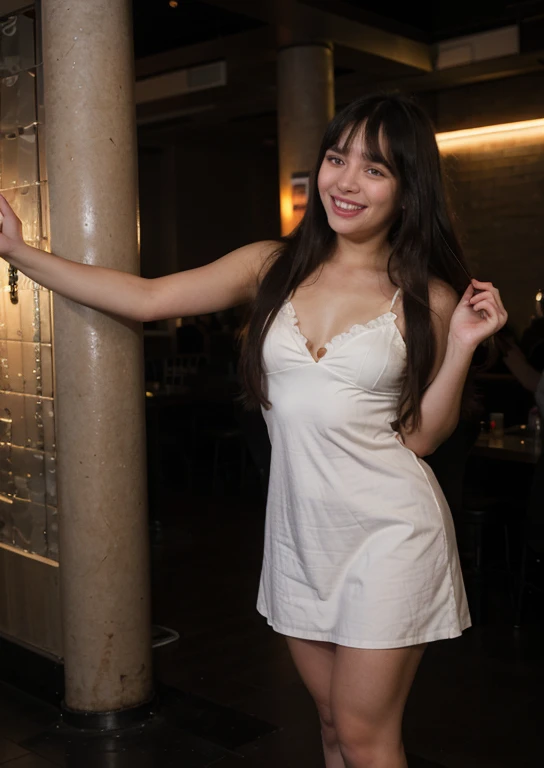 Full body photo of a pretty young 1girl, laughing, big cheeks, night dress, very long hair, black hair, side-swept bangs, side fring hair, Full body, Photo, night club, best quality, realistic, 8k,