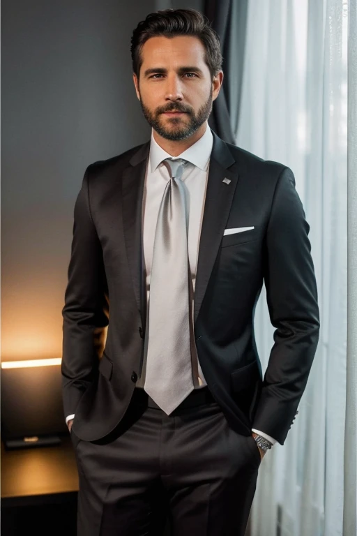 acima、Make a handsome man in his 30s in a black suit and tie, CEO, cabelos loiros escuros e barba, (Homem de terno preto e gravata), ), (Use barba,) attractive and serious appearance, cabelos curtos e escuros, Elegante e elegante, Barbear com um ajuste perfeito e um corpo forte, (alta qualidade, Imagens realistas), Preto escuro e claro no fundo da imagem, Filmstil, ((Qualidade Superior, 8k, obra-prima), Foto Ultra Hi-Definition, (Rostos bonitos detalhados, Textura detalhada da pele, corpo hiperdetalhado:1.1)