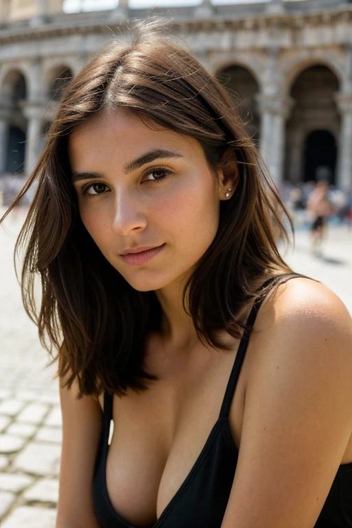 ((brune, Séduisante de 25 ans )), ((Its beauty is undeniable)), ((visage mignon)), ((Yeux blacks hyper details,)), ((pose mignonne)), ((brune)), ((seins moyens)), porter un t-shirt noir , Porter une jupe noire, (( cheveux longs noirs)), watch the Colosseum in Rome, Sharp Focus CGI, photoreallistic, High detail, Realstic, Apparent facial defects, Taupes, Best quality, Hdr, High quality, high-definition, Extremely detailed, 8k wallpaper, Intricate details, 8K UHD, Full-HD, (photo realist:1.2), contraste, intense illumination, lighting cinematic, natural lighting, hard light, contre-jour, Illumination globale, occlusion ambiante.
