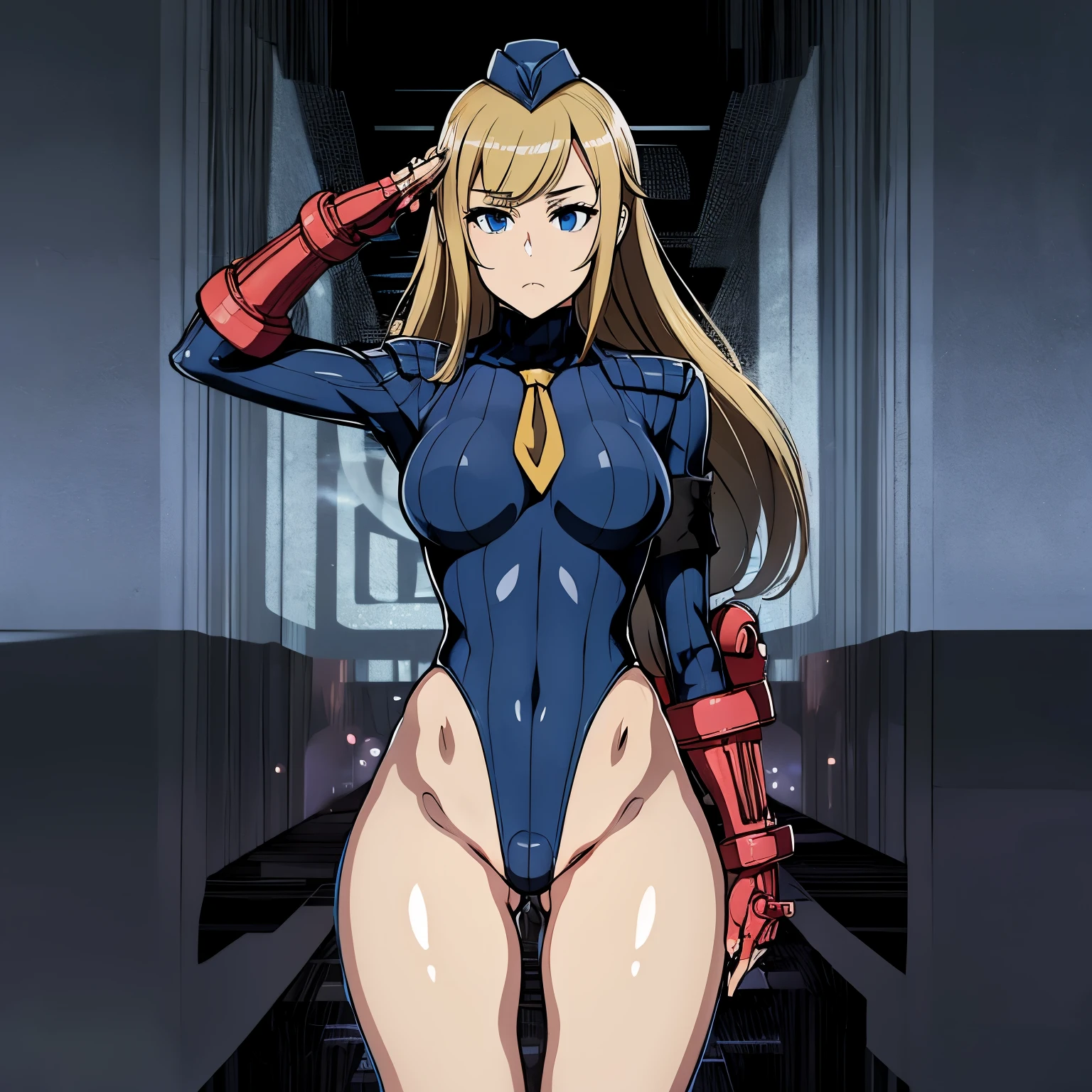 ultra-detailed, Explicit, Beautiful body, Beautiful Nose, Beautiful character design, perfect eyes, perfect face, ultra highres, 4K, beautiful legs, perfect legs, Nice hands, Perfect hand, Masterpiece, Best Quality, Highly detailed, illustration, absurdres, street fighter, doll suit, shadaloo doll, dollsuit, girls, multiple girls, expressionless, blank eyes, looking at viewer, red gloves, emotionless, black latex, corrution, mind control, female combatant, full body, hypnotized, unhappy trance, full body suit, ribbed bodysuit, both arms at side, obey, perfect female body, extremely glossy latex, hypnosis, hypnoLora, empty eyes, Mind control device, poses, brainwashed, submissive_pose, Slave, hat, necktie, stand up straight, standing, standing at attention, belt, extending the right arm from the shoulder into the air with a straightened hand, nazi saluting, military, military saluting, salute, right hand saluting, left hand at side, latex, garter belt, thighhighs, Princess principal, Charlotte, princess charlotte, blue eyes, long hair, blonde hair