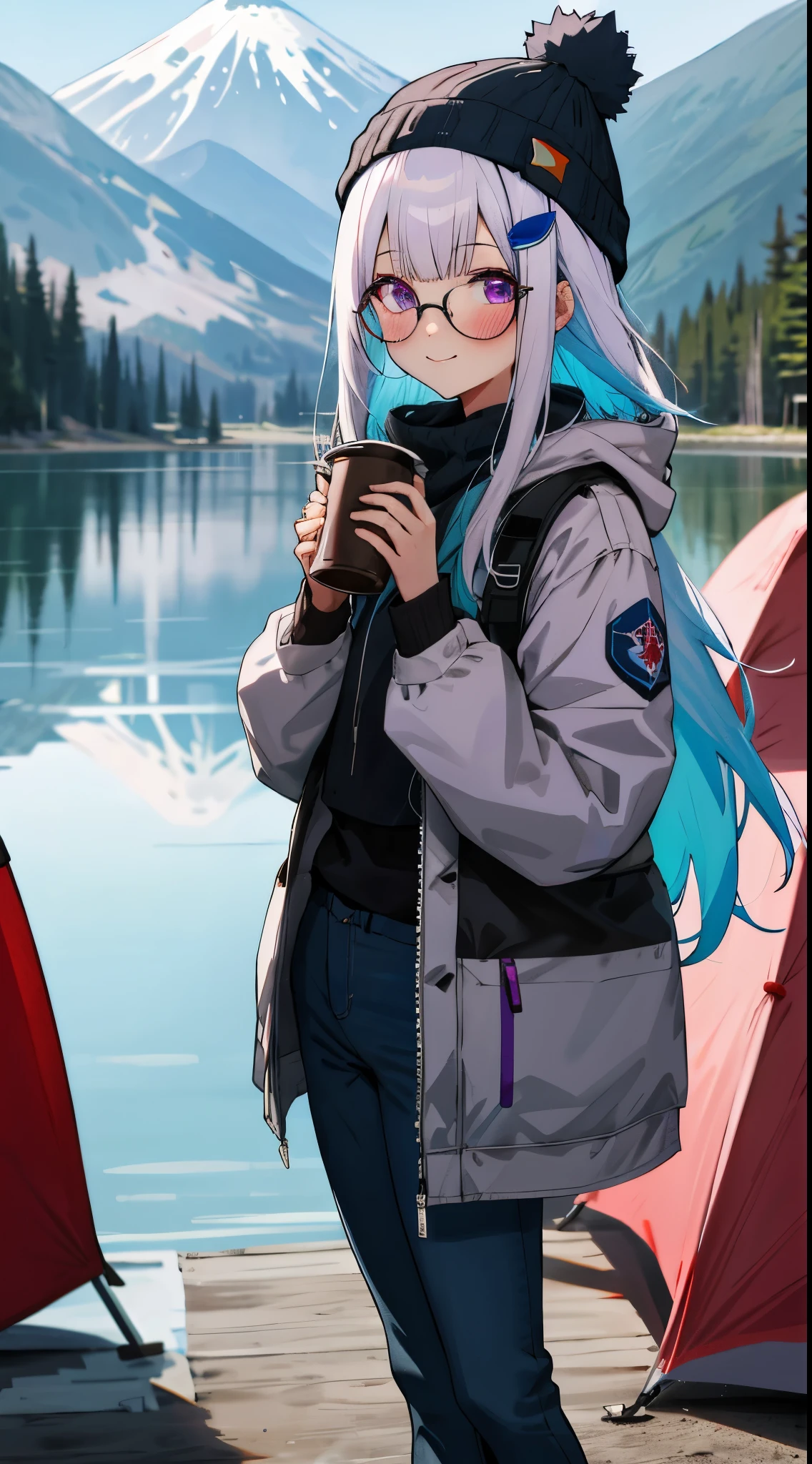 One girl with long hair, bangs, white hair, blue inner hair:1.25) , purple eyes, looking at viewer, blushing, little smile, puffer jacket, tight pants, beanie, glasses, outdoor, fuji mountain, lake, camping, camp, dizzy, mid-chest, morning atmosphere, hair ornament, standing, holding a cup with hot chocolate