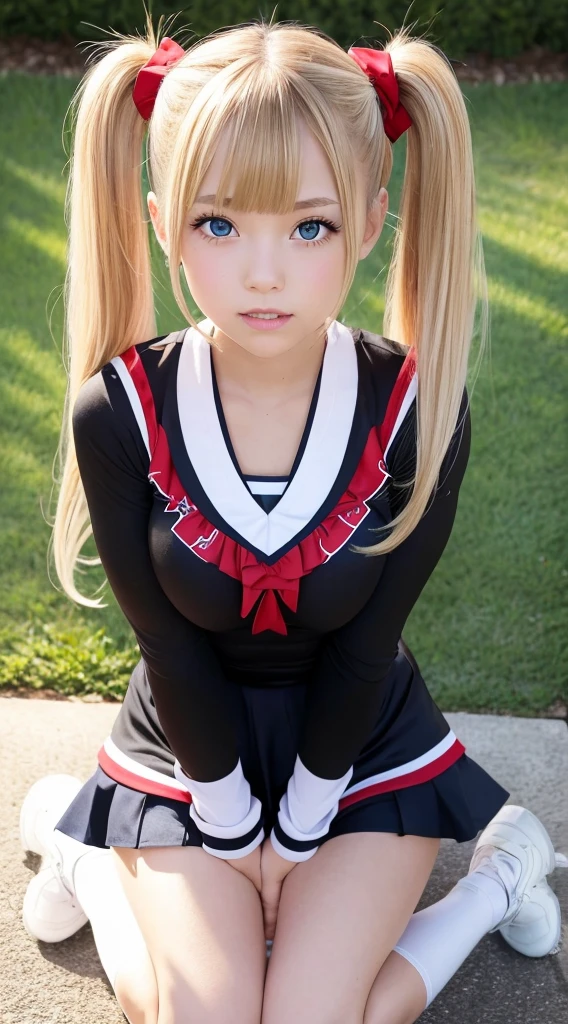 Adorable young cheerleader on her knees looking up at the viewer shyly, point of view, large breasts, black and red uniform, blue eyes, blonde hair, twintails