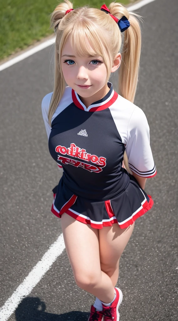 Adorable young cheerleader on her knees looking up at the viewer shyly, point of view, large breasts, black and red uniform, blue eyes, blonde hair, twintails